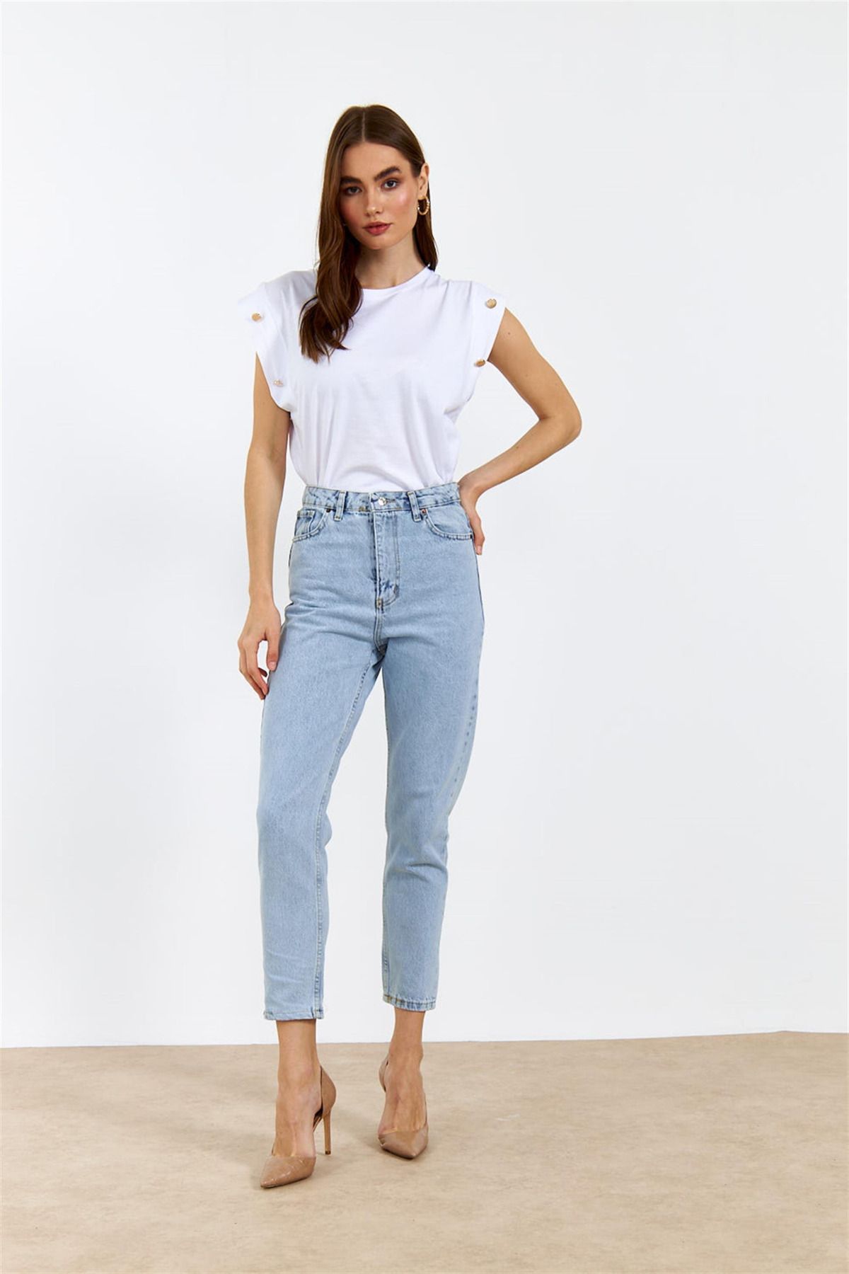 WODDİ Duryn Mom Mavi Kar Jeans Esnek Kadın Kot Pantolon