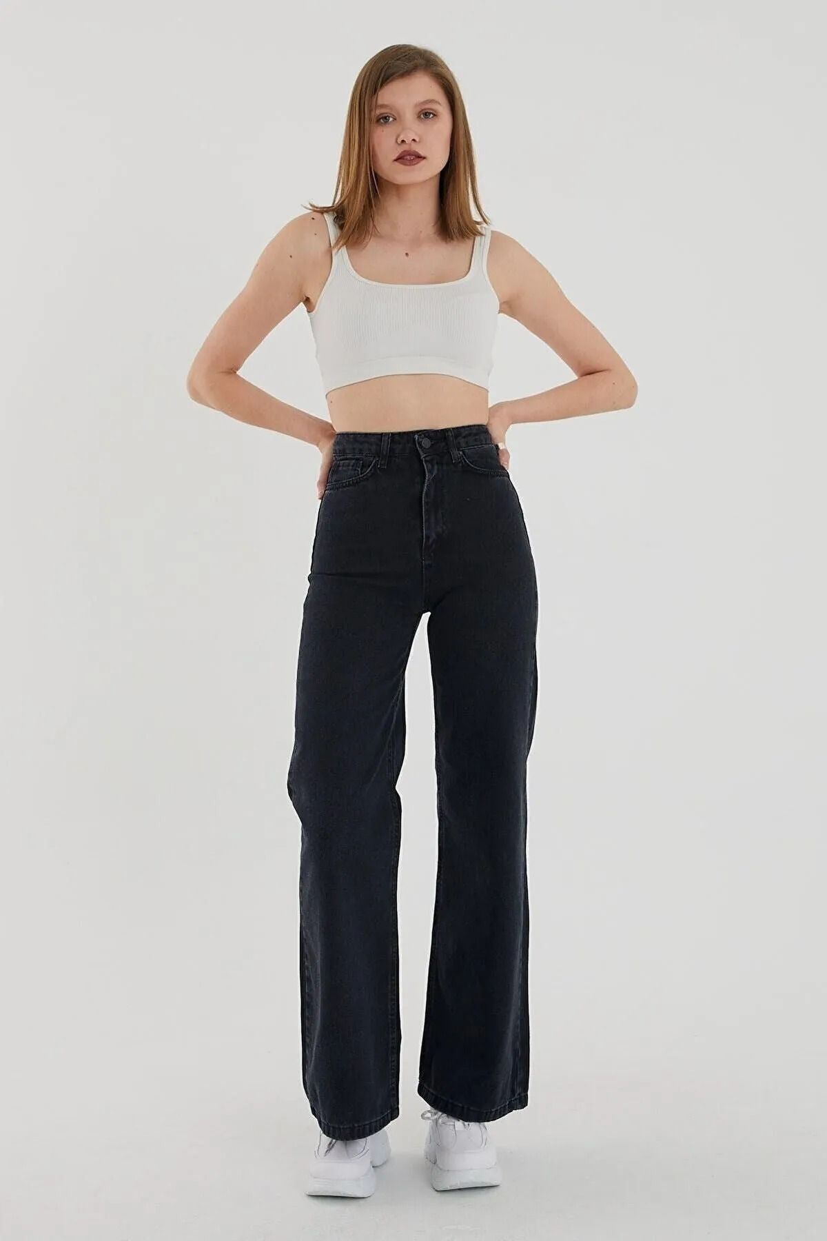 WODDİ Duryn Siyah Yüksek Bel Likralı Bol Paça Jeans Kot Pantolon