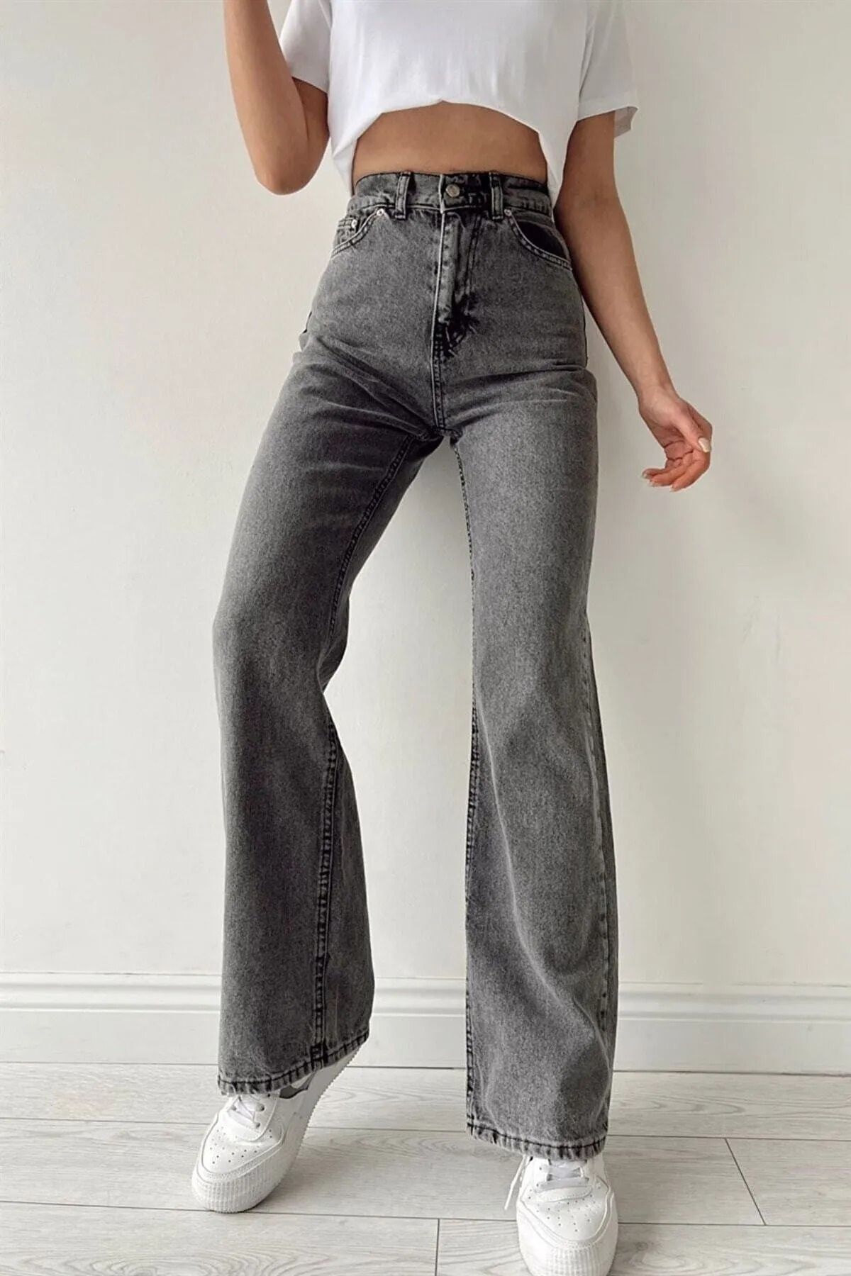 WODDİ Duryn Pamel Salaş Füme Yüksek Bel Likralı Ekstra Esnek Jeans Kot Pantolon