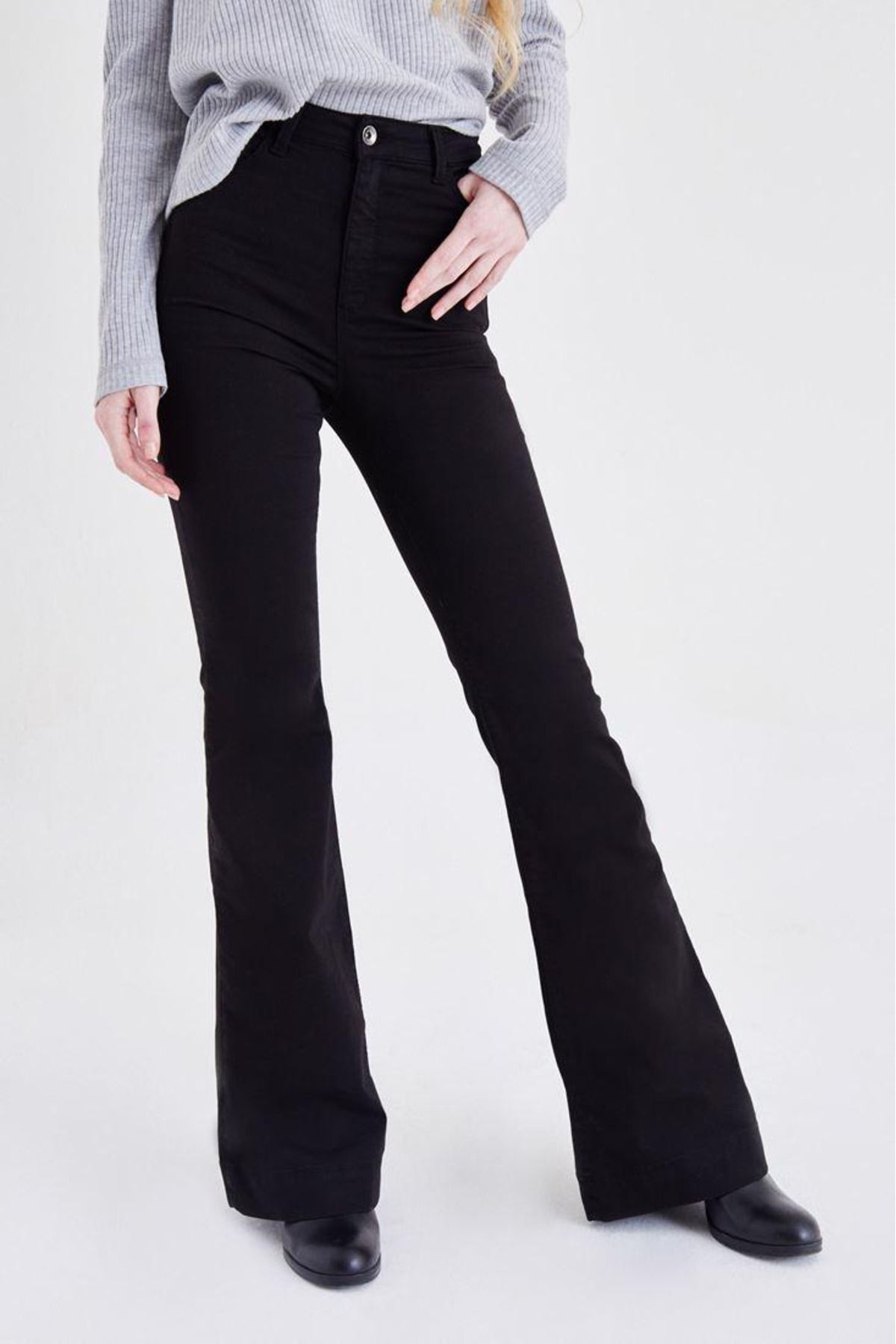 WODDİ Duryn Pamela Ispanyol Siyah Kot Yüksek Bel Likralı Flare Jeans Kot Pantolon
