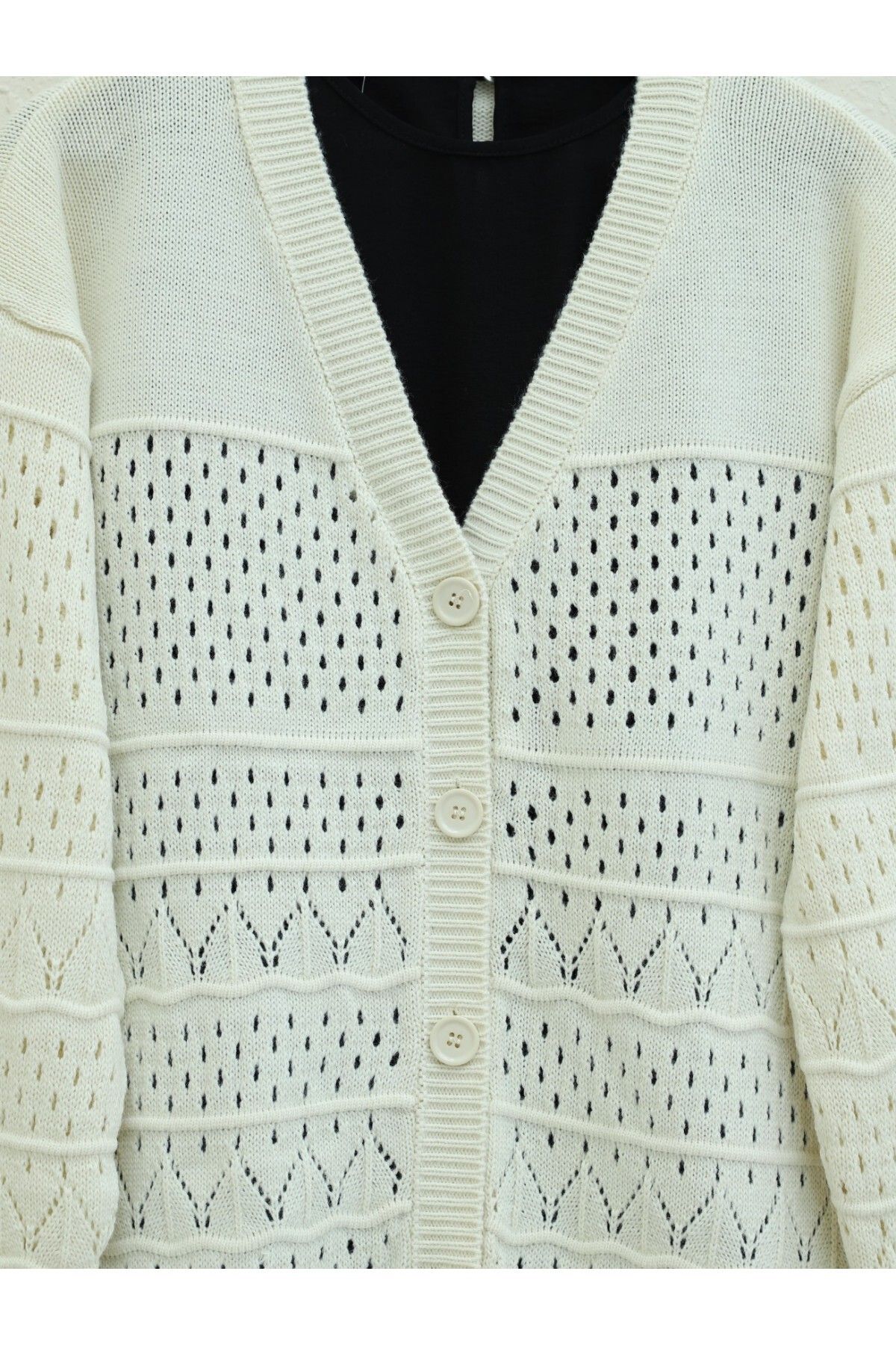 Modamorfo-Openwork Cardigan with Patterned Sleeves and Button Detail - Stone 3