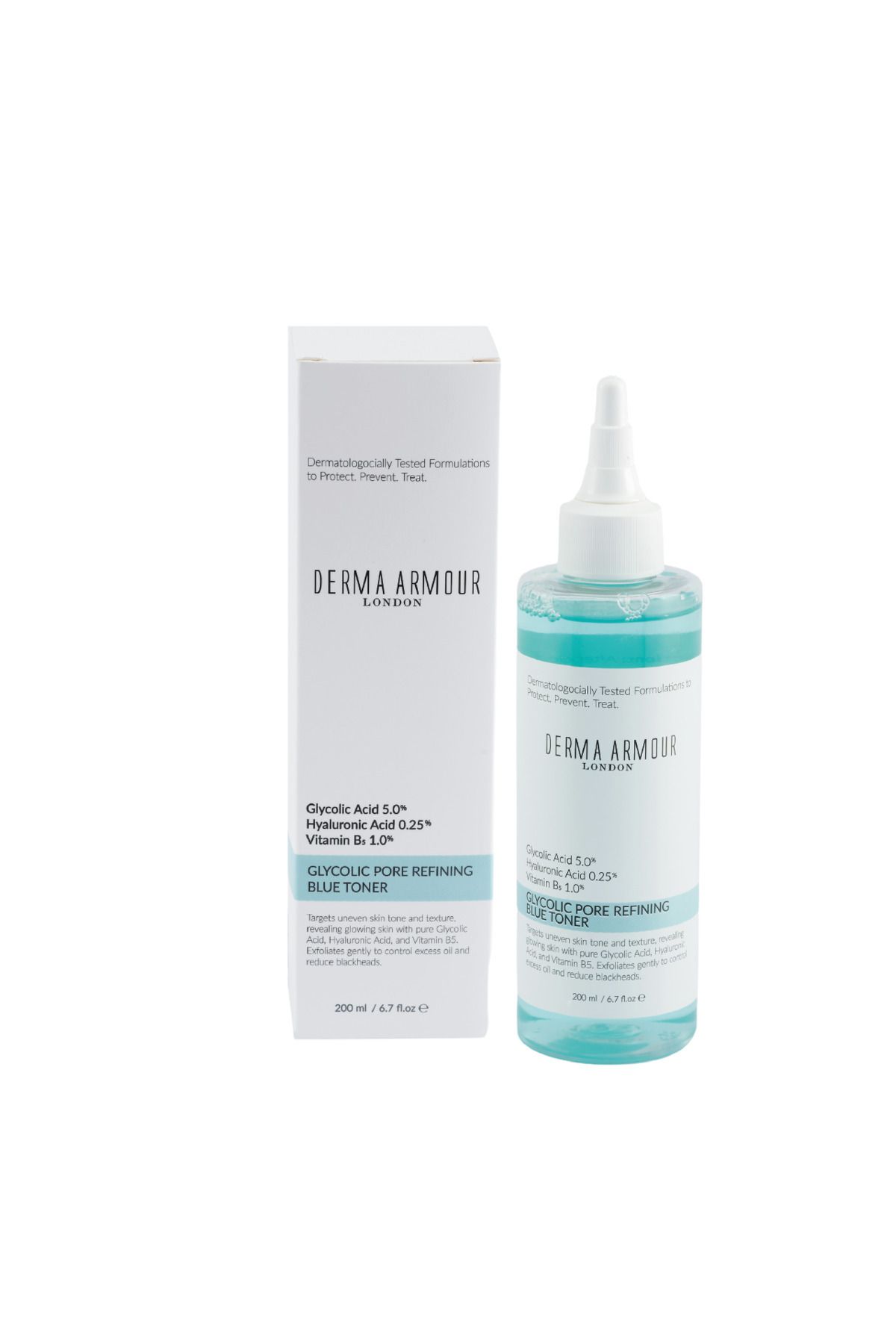تونر تونیک محکم و روشنایی منافذ 5 ٪ اسید گلیکولیک 0.25 هیالورونیک 200 میل derma armour