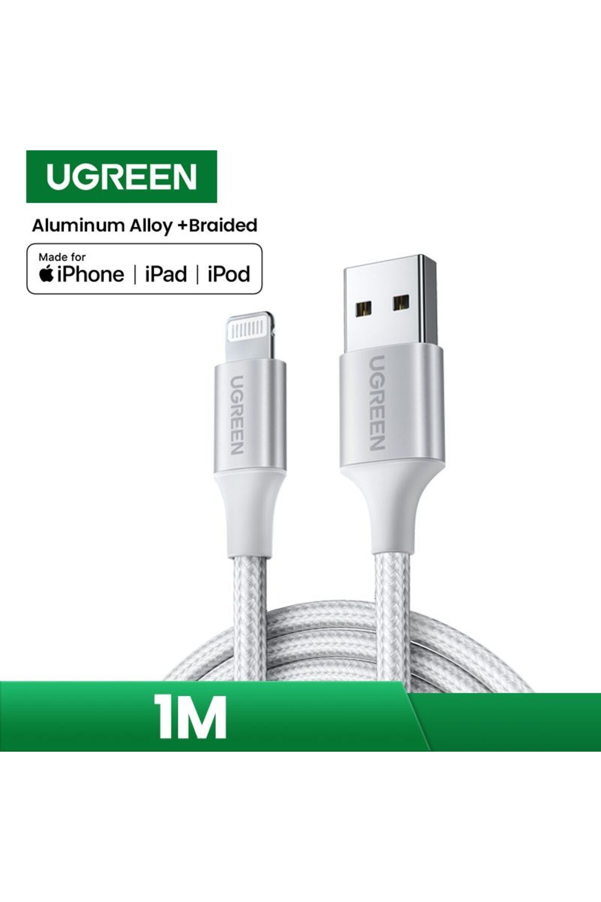 Ugreen-كابل شحن ومزامنة بيانات مضفر من Alu Case USB إلى Lightning بطول 1 متر - فضي 3