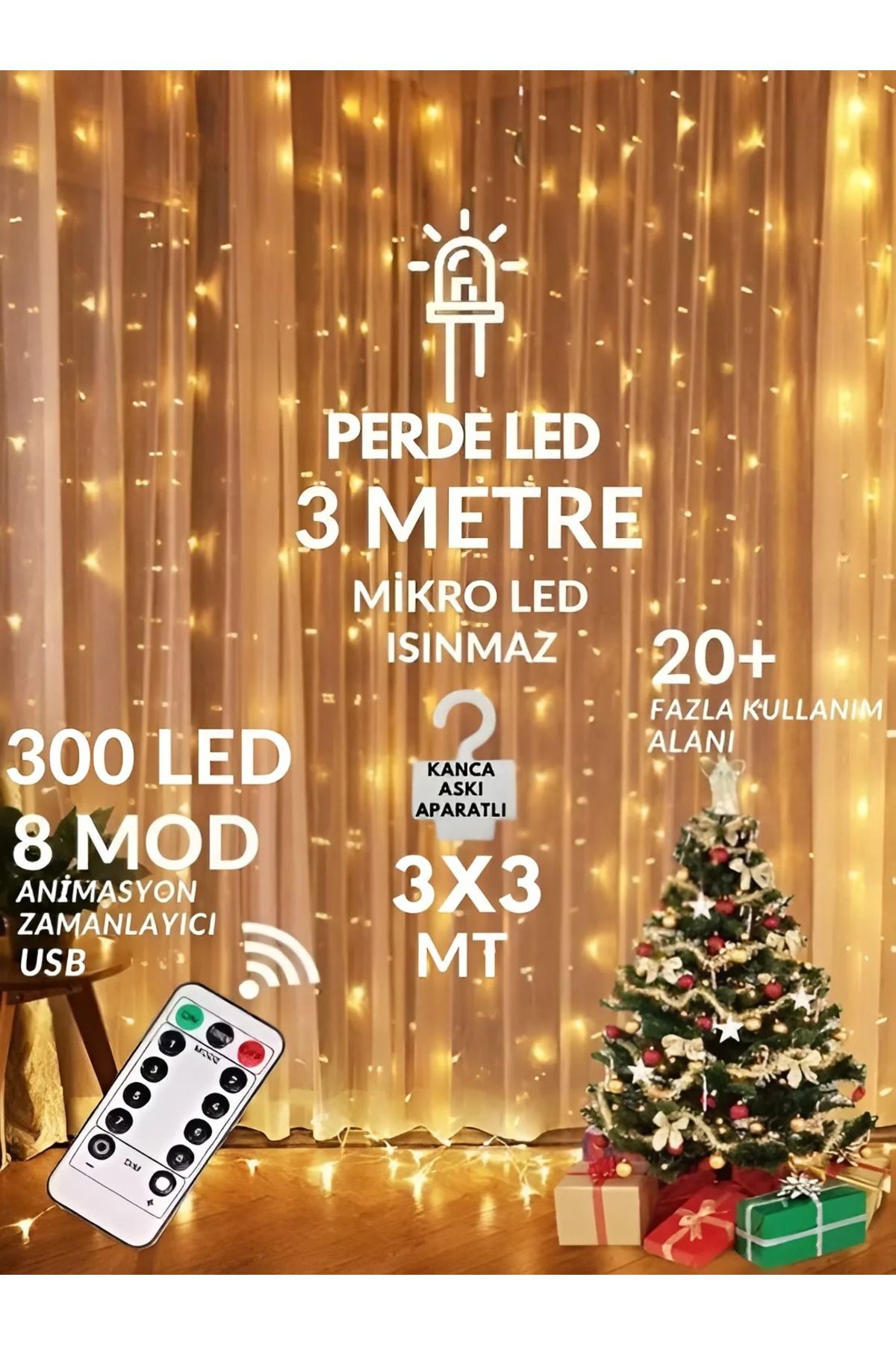 İTHALCİM 300 Ledli 10 Sarkıt Perde Led Işık-8 Fonksiyon, Uzaktan Kumandalı, 3x3 Metre