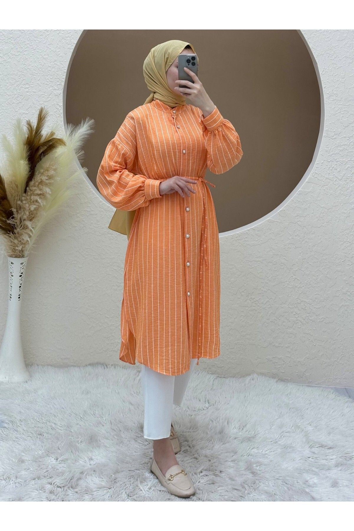 Modamorfo-Striped Long Tunic - Ball Button and Lace Up 4