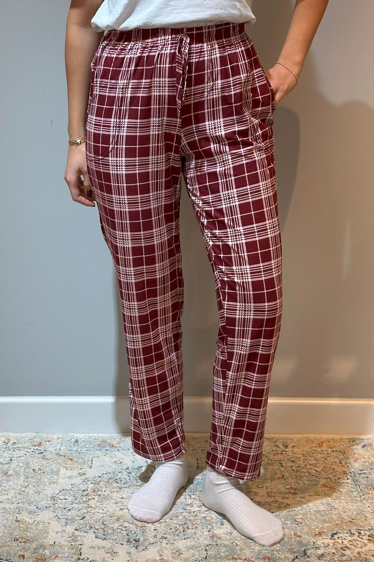 REMSA-Pantaloni de damă din piele intoarsa cu model în carouri bordeaux - 120B 3