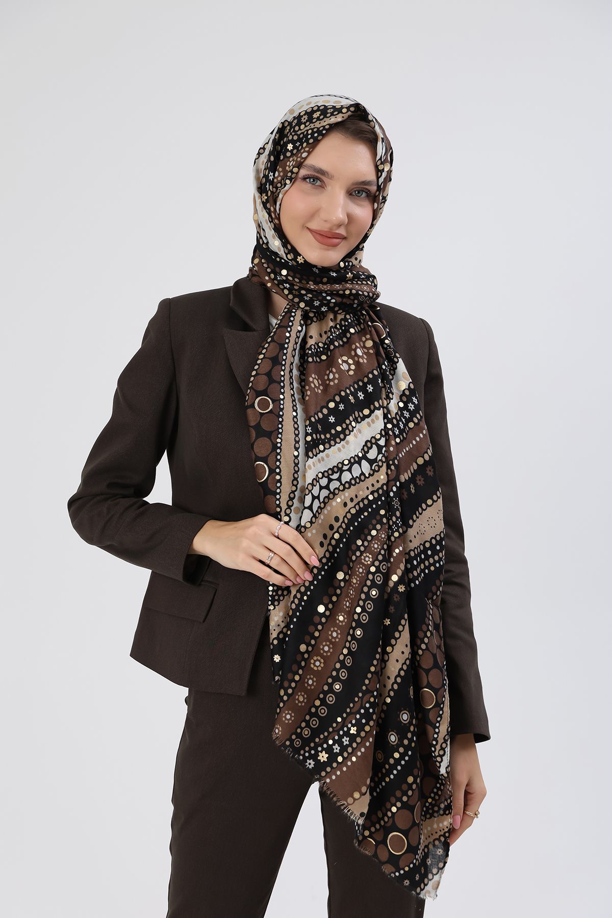 REMSA-Women's Shawl with Ethnic Pattern and Tassels - Brown 5055 4