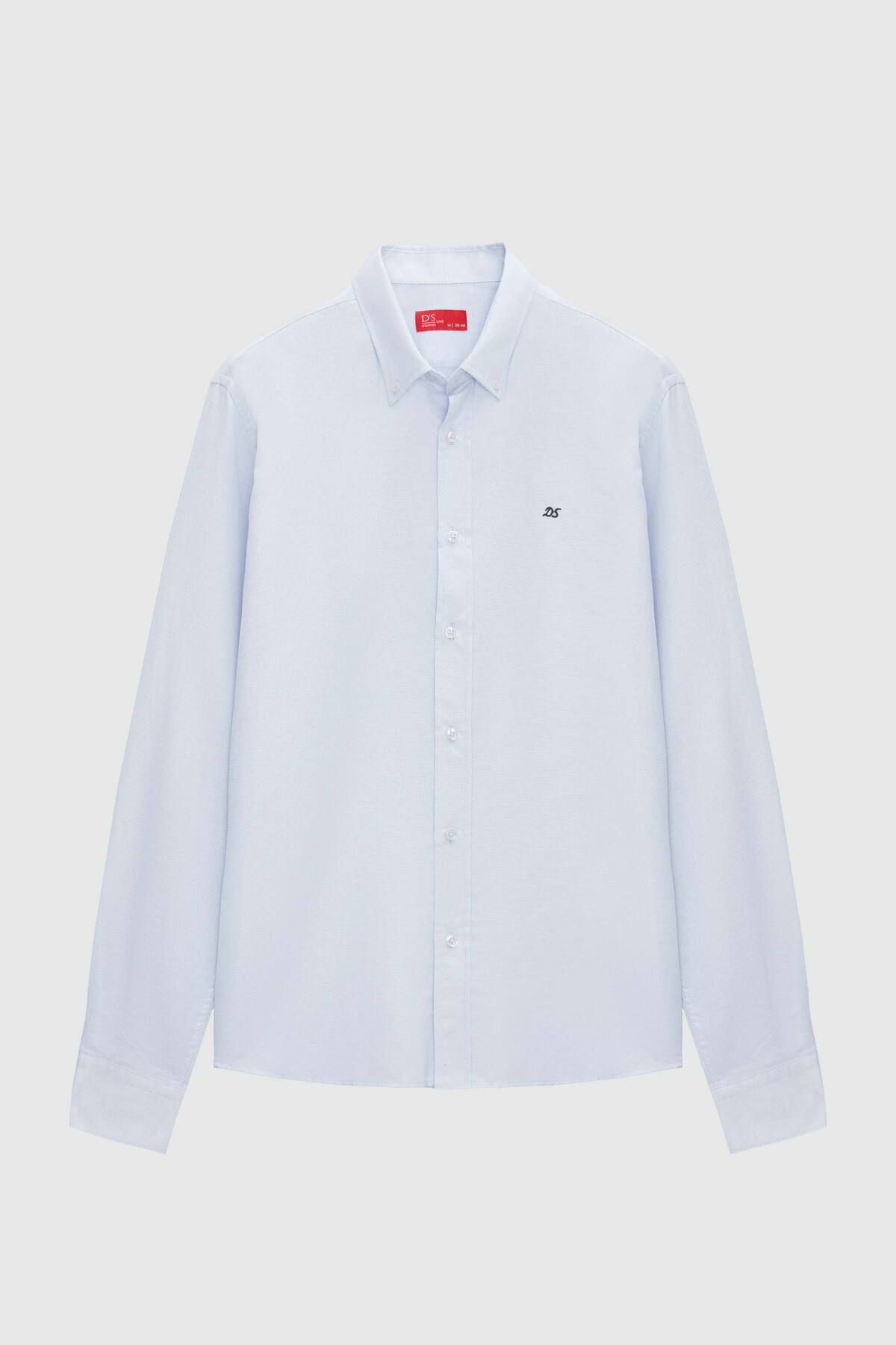 D'S Damat-Blue Oxford Slim Fit Shirt - Easy Ironing, Buttoned Collar and Embroidery Detail 5