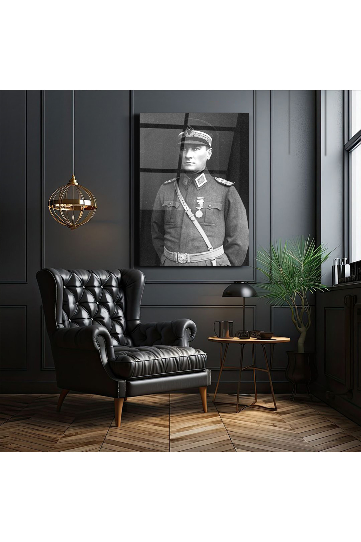Cam Tablo Mustafa Kemal Atatürk Siyah Beyaz - Duvar dekorasyonu - Ofis dekorasyonu - Duvar tablosu