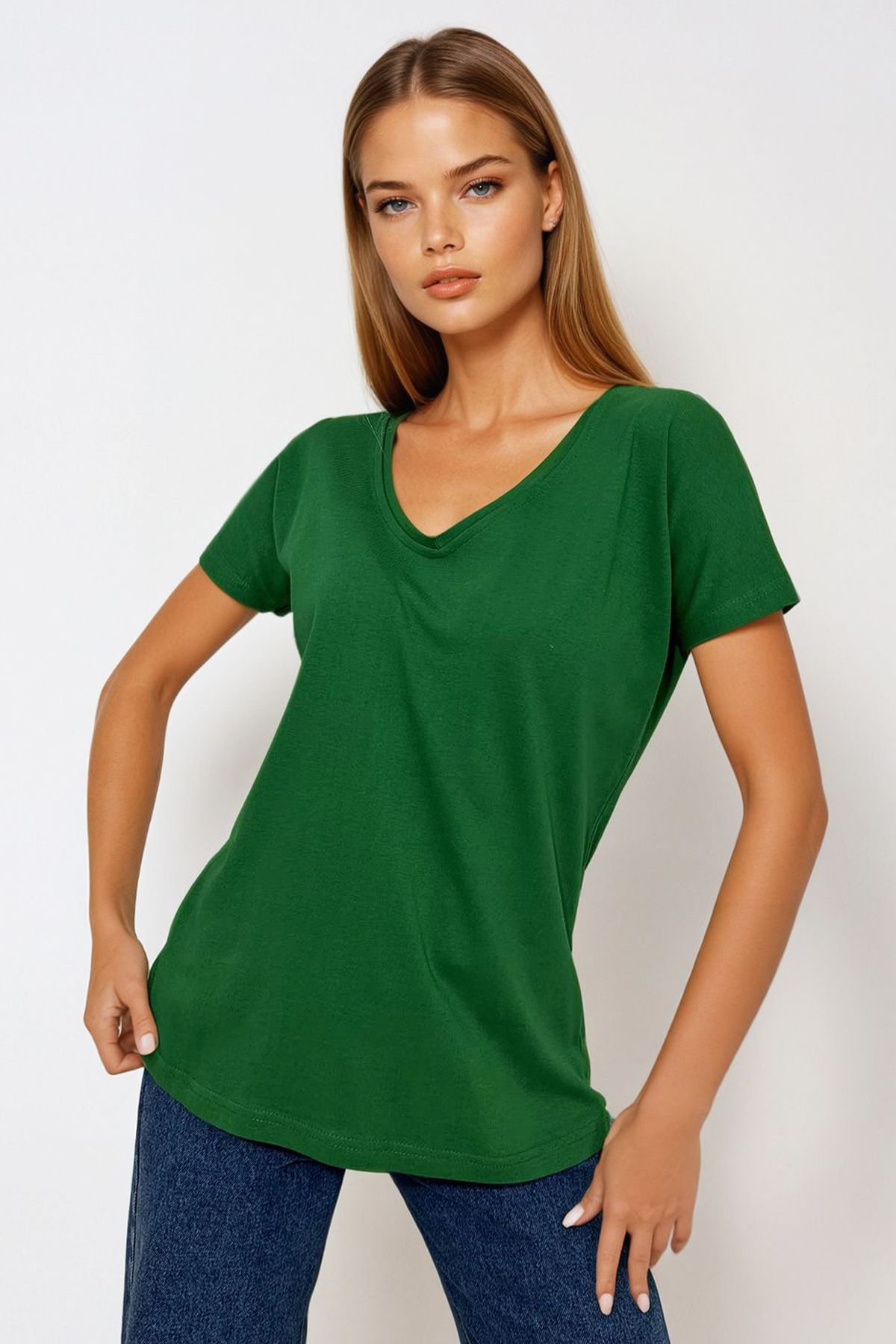 VAGGON-Women's Green V-Neck Basic T-Shirt Vgn-1045-A 1