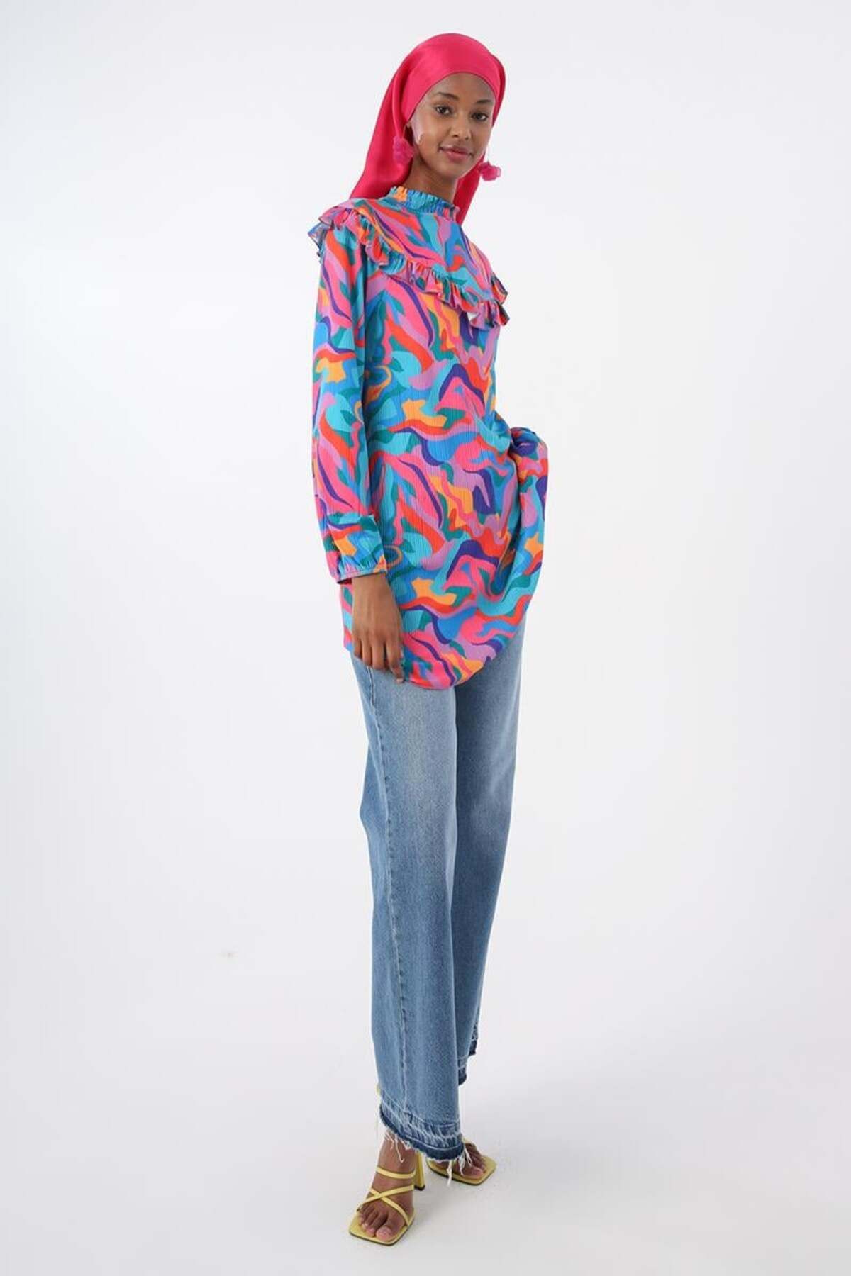 ALLDAY-Turquoise-Pink-Robe Ruffle Print Printed Tunic 3