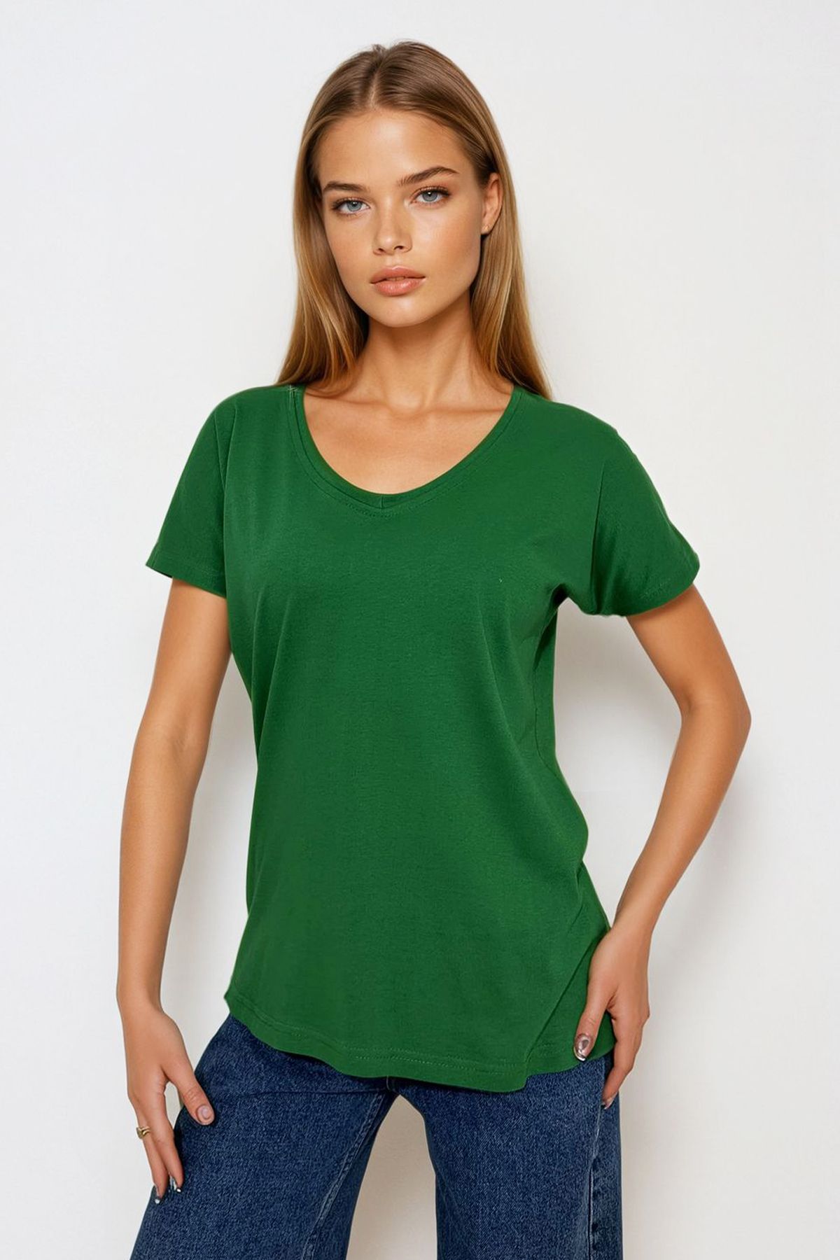 VAGGON-Women's Green V-Neck Basic T-Shirt Vgn-1045-A 2