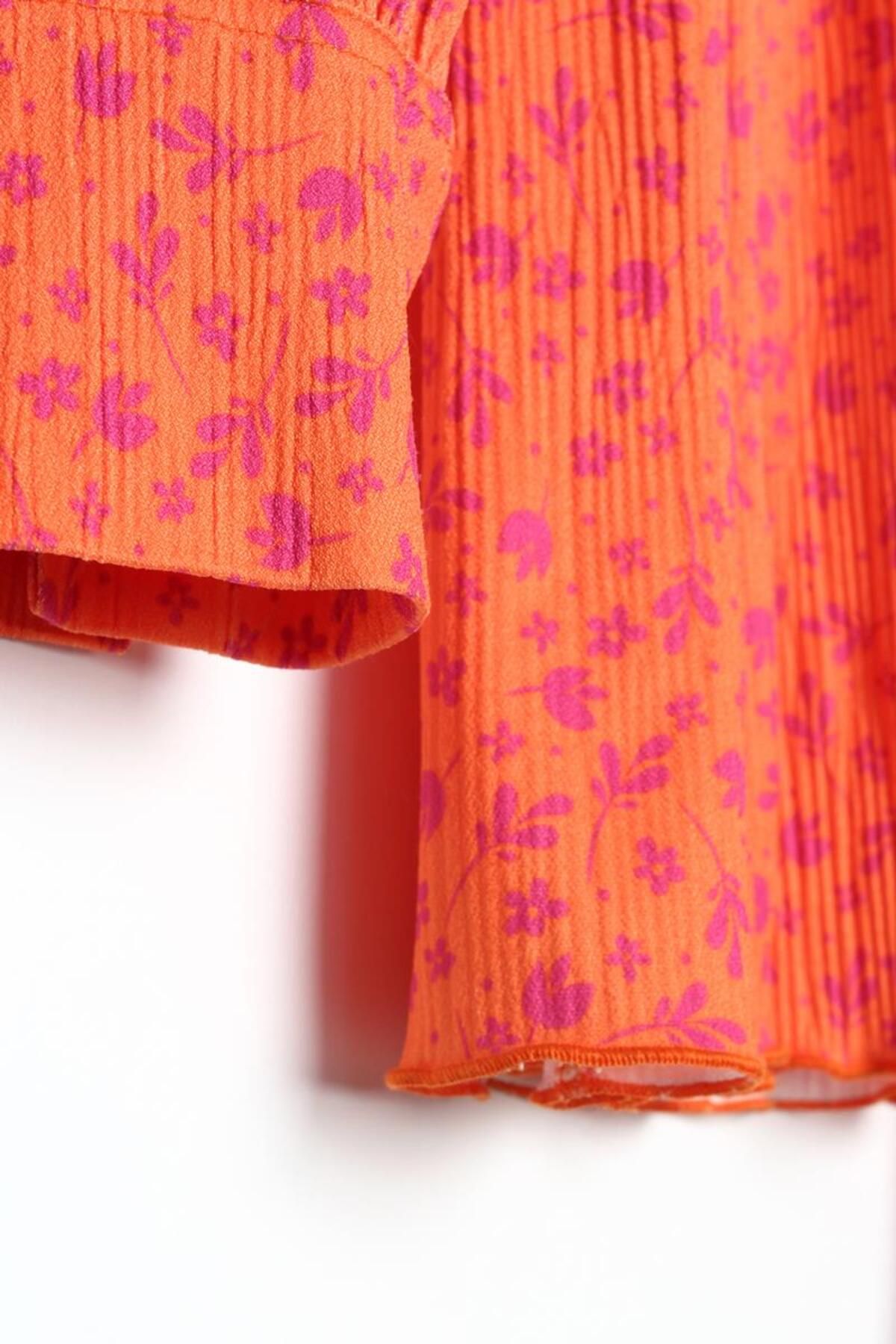 ALLDAY-Orange-Fuchsia-Patterned Comfortable Pleated Tunic with Piping Belt 7