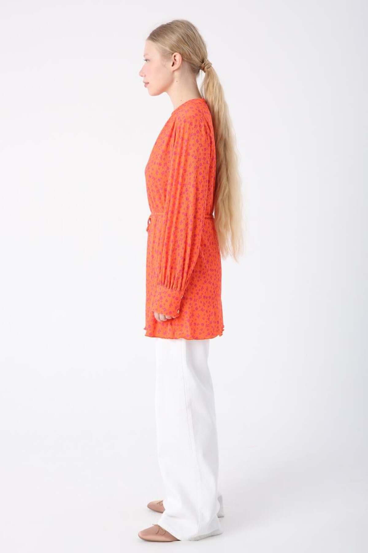 ALLDAY-Orange-Fuchsia-Patterned Comfortable Pleated Tunic with Piping Belt 3