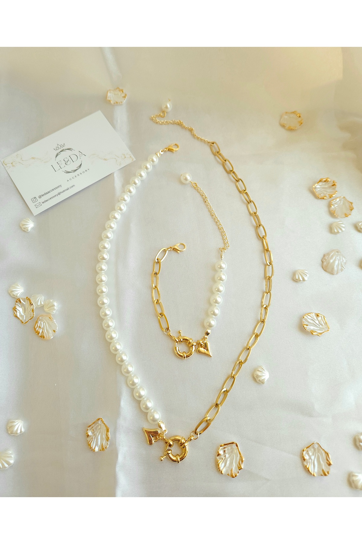 LE&DA Accessory İnci Gemici Kilit Set 14 Ayar Altın Kaplama Gemici