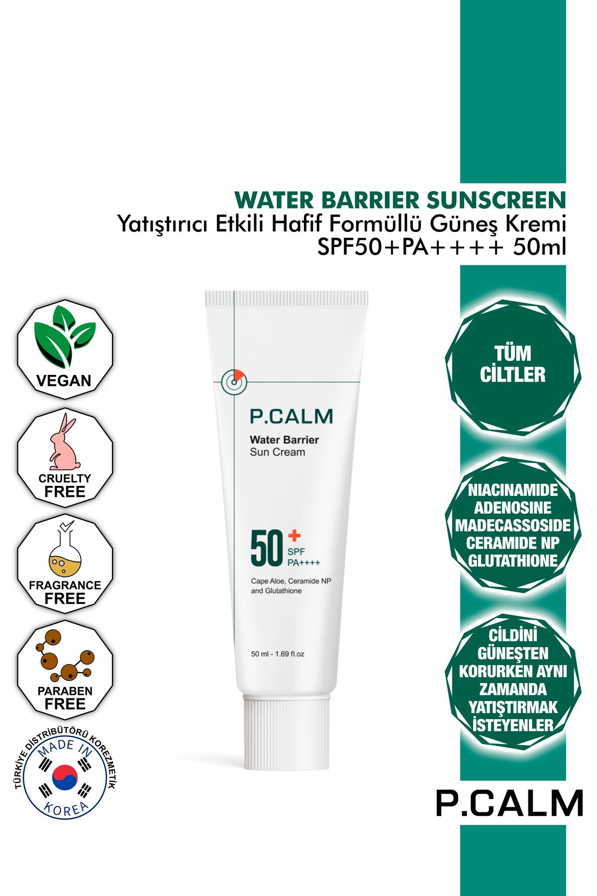 P Calm P.Calm Niacinamide ve Madecassoside içeren Yatıştırıcı Water Barrier Güneş Kremi Spf50+ Pa++++ 50ml