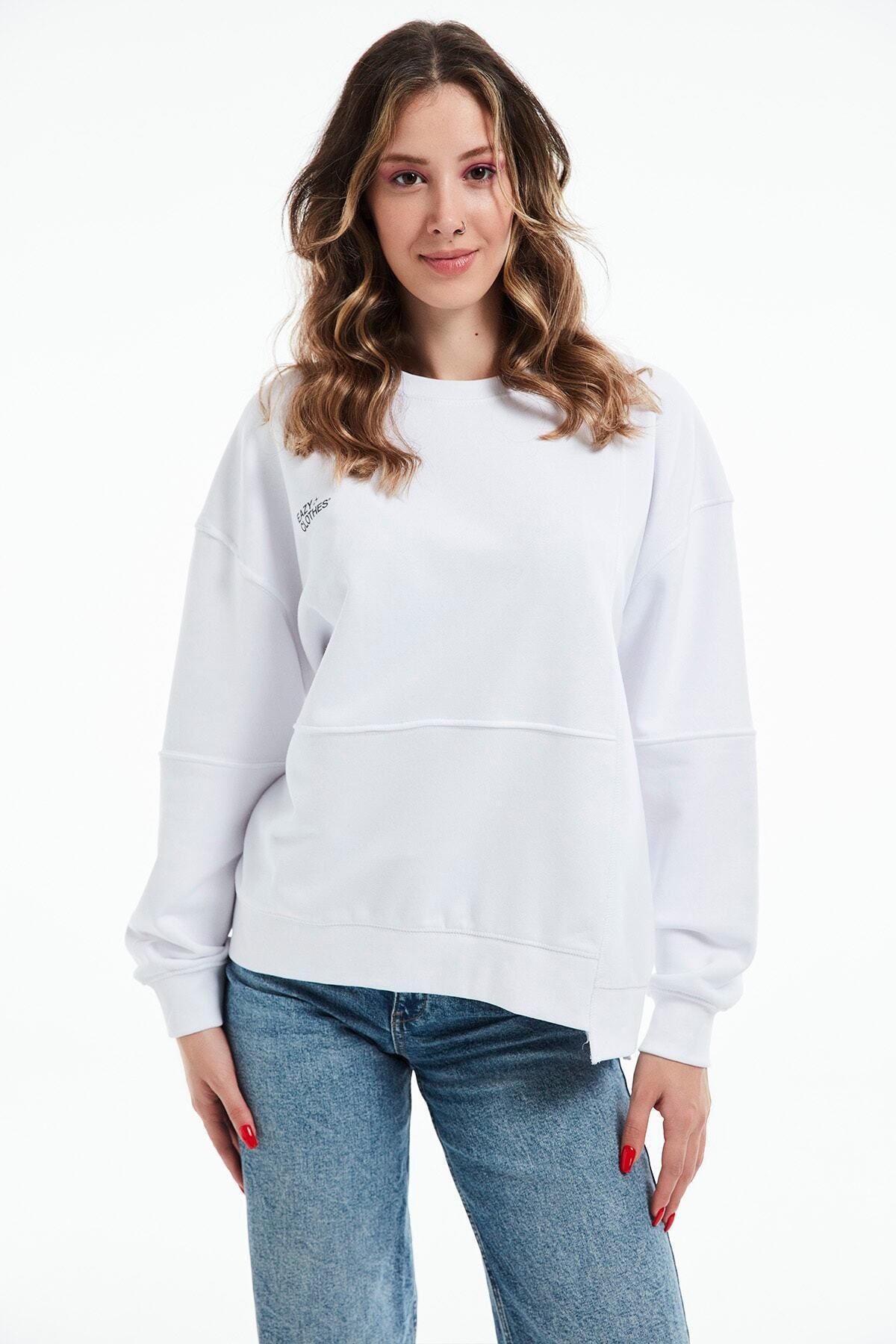 Eazy Co-Hanorac premium oversize unisex alb cu gât crew de primăvară petice 7