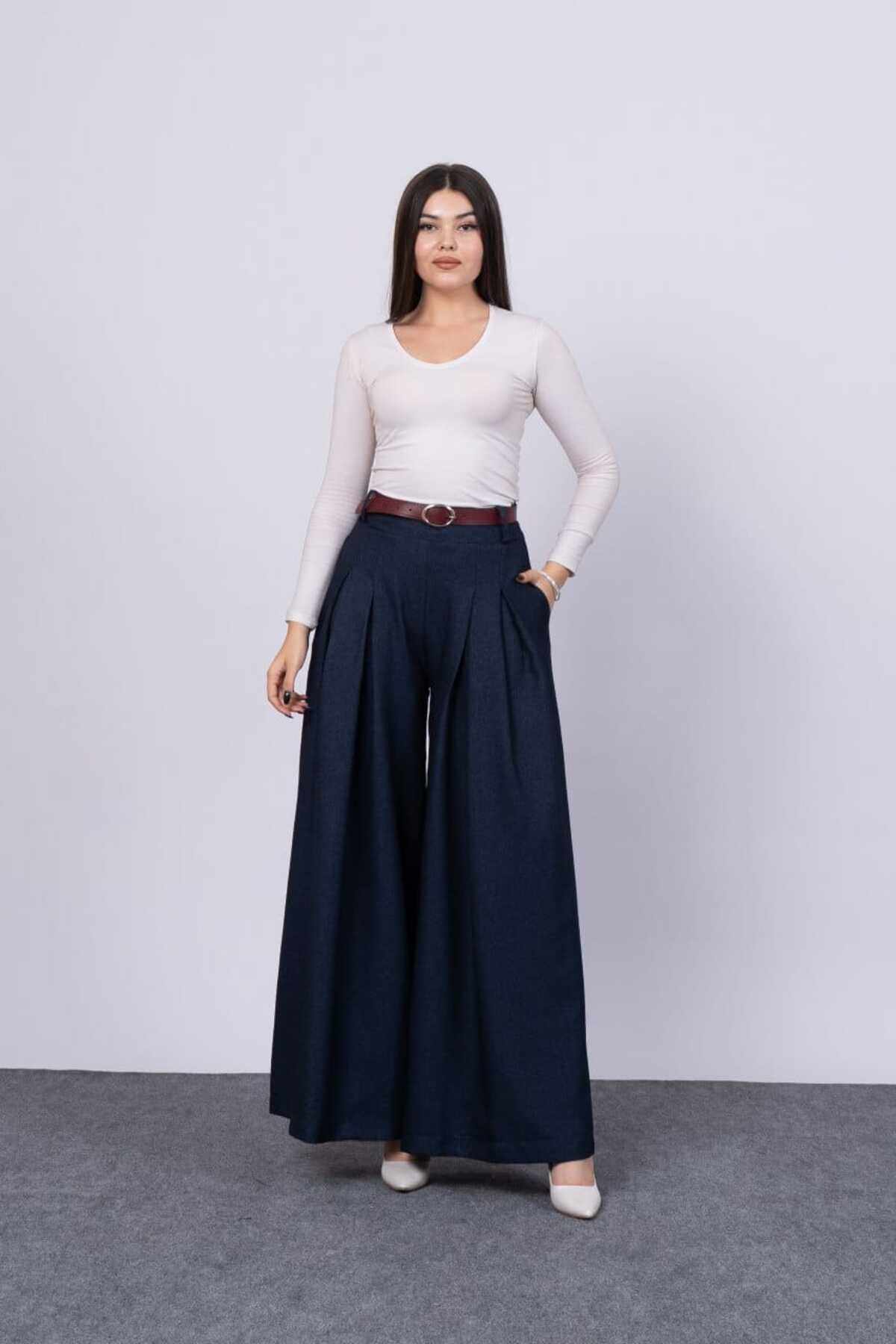 Generic Brands Stitching Pleated Wide Leg Belted Trousers Jb30183