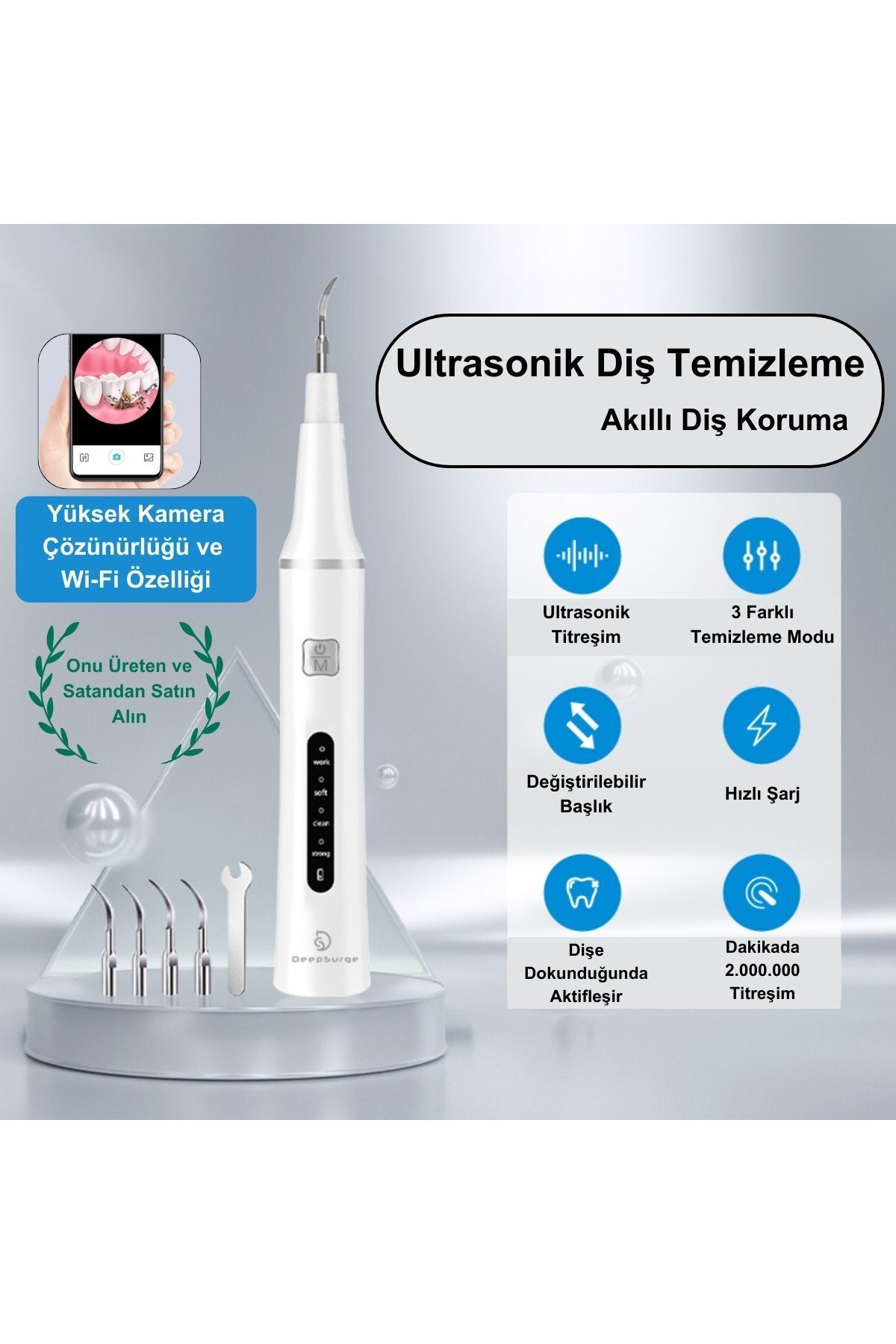 DeepSurge Ds2 Kameralı Diş Taşı Temizleme Cihazı, Diş Tartar Sökücü Plak Ve Leke Temizleyici, Diş Beyazlatma