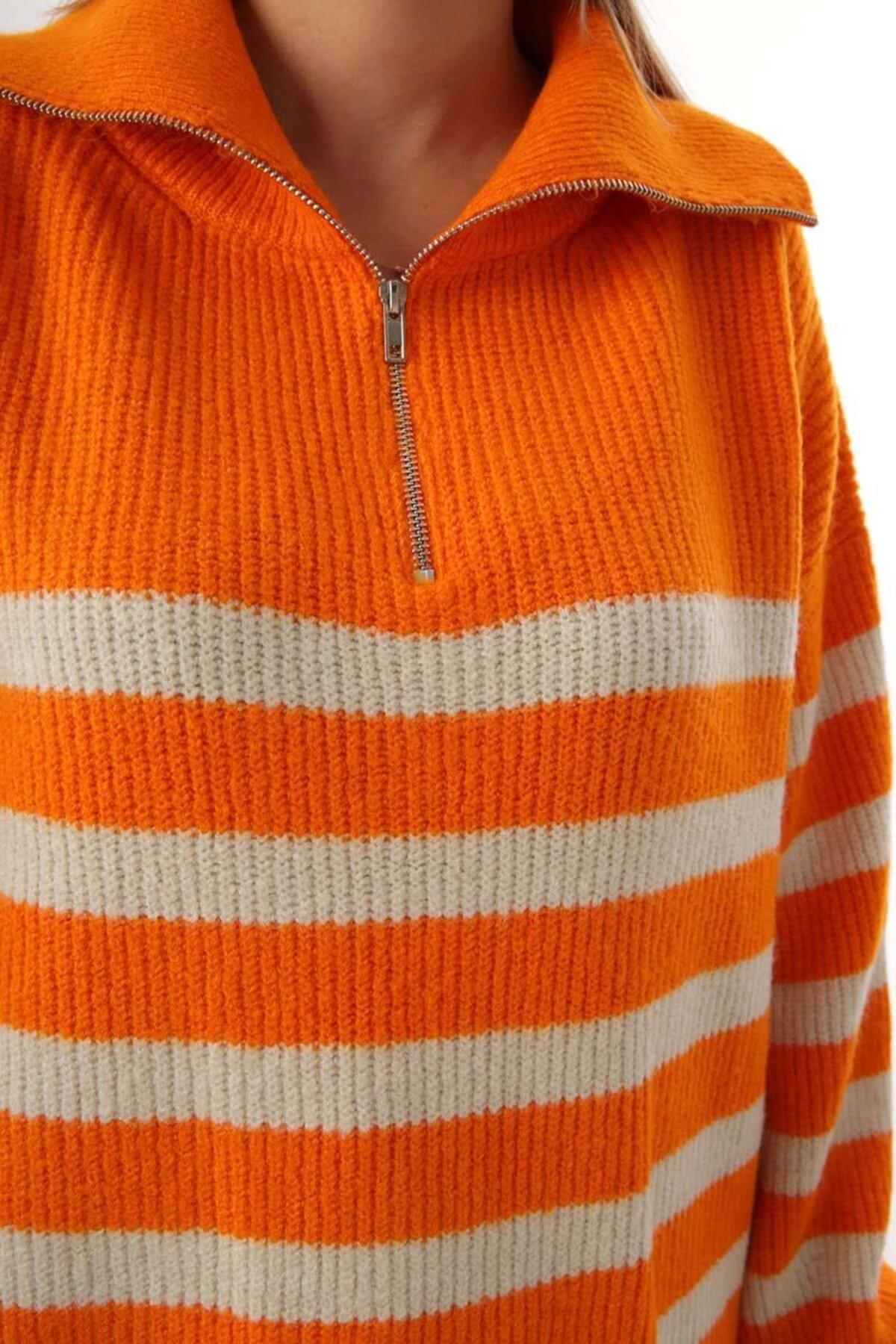 ALLDAY-Orange-Stone-Fisherman's Collar Zippered Knitwear Sweater 6