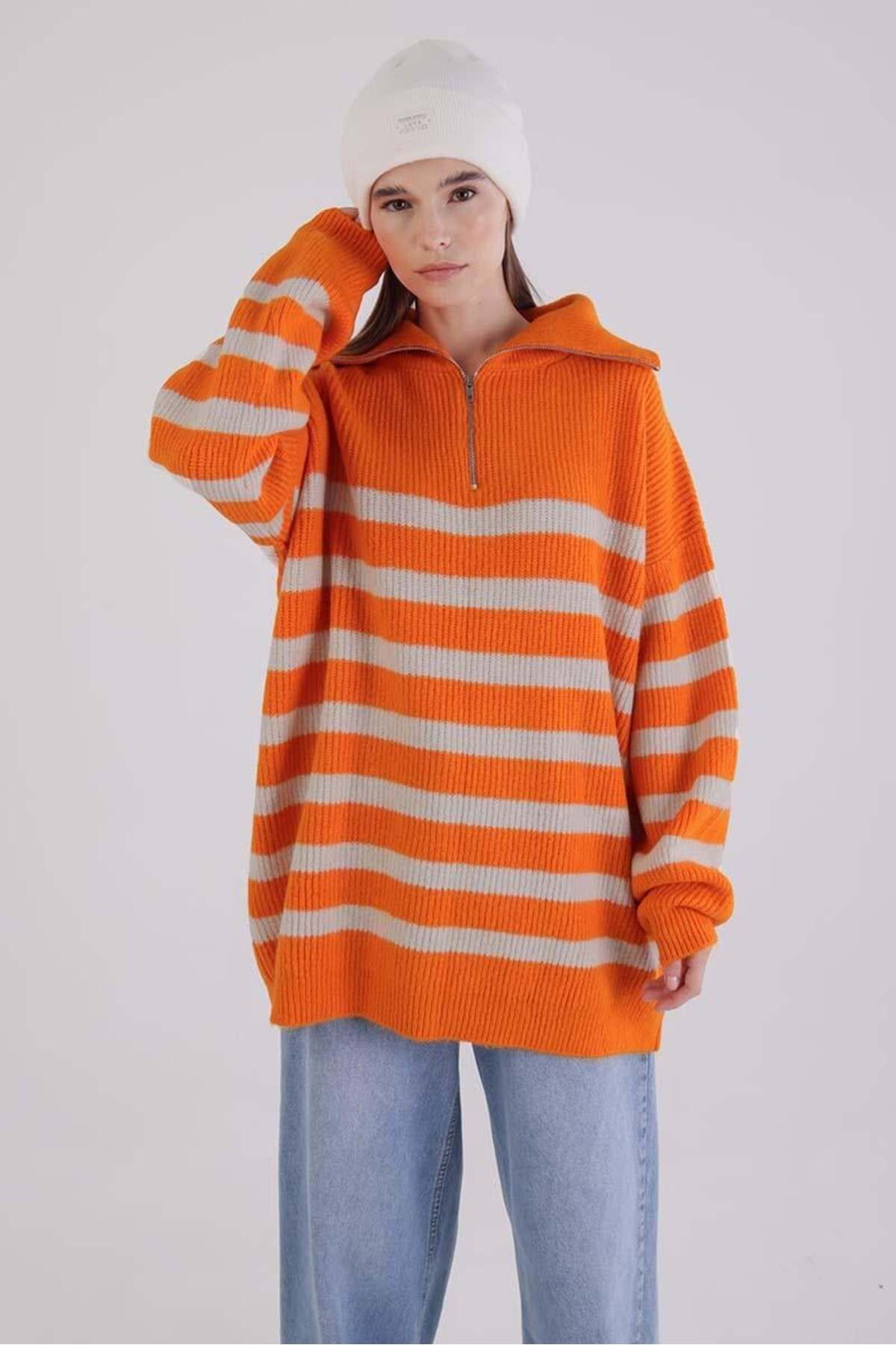 ALLDAY-Orange-Stone-Fisherman's Collar Zippered Knitwear Sweater 5