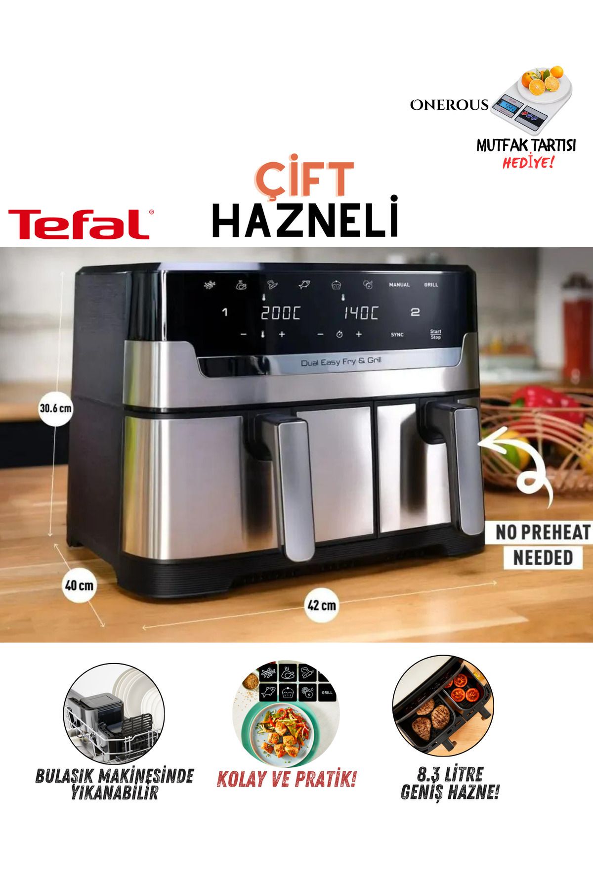 TEFAL 8 Otomatik Programlı, Çift Hazne 8,3lt Kapasite Easy Fry & Grill Premium Fritöz Airfyer