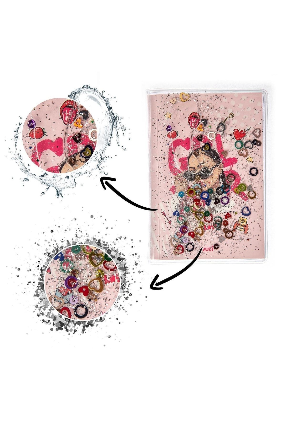 VUKİ-Glittery and Watery Covered Patterned Mini Notebook with Colorful Pages 3