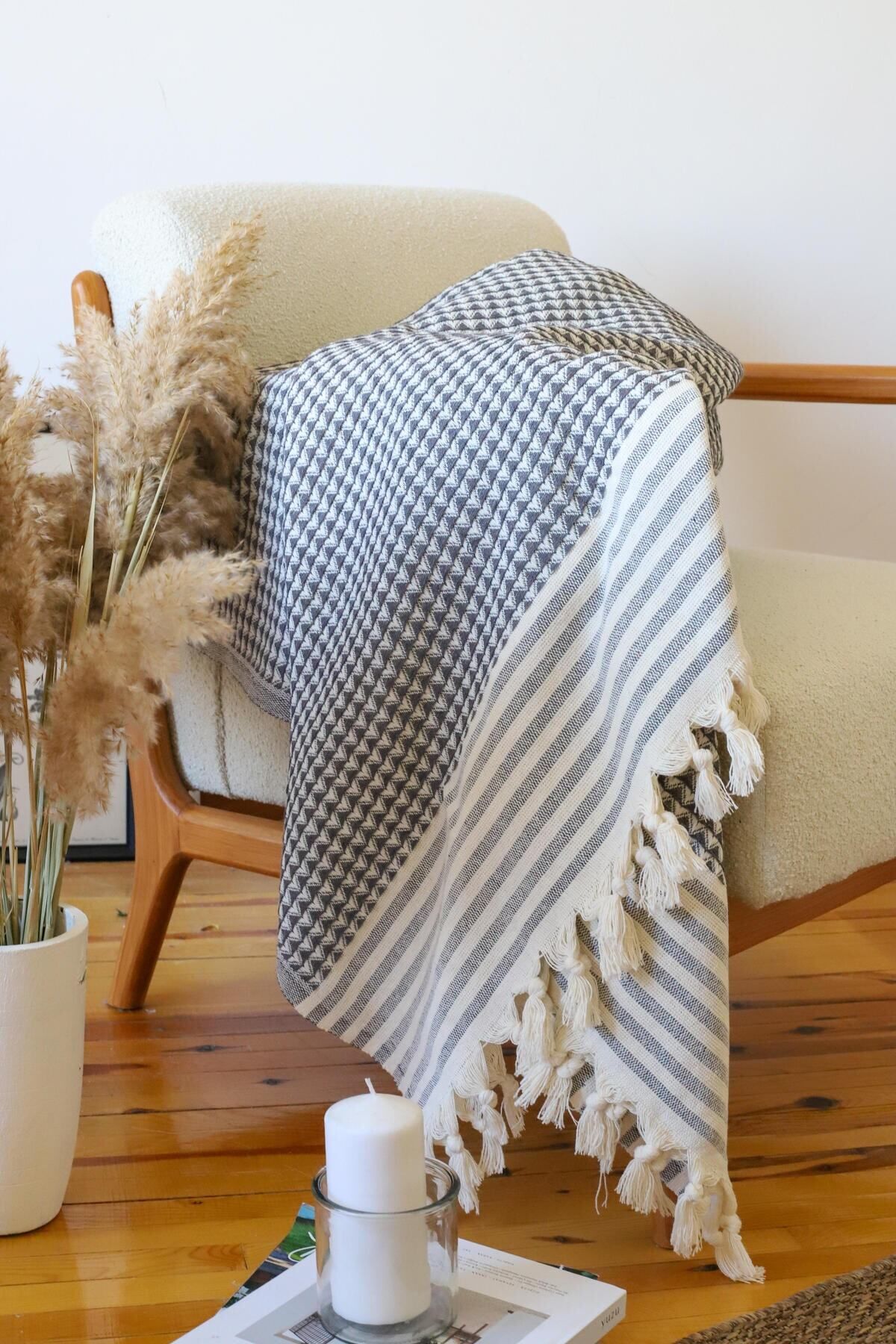 روکش مبل خاکستری پوشش صندلی Nova 210 180 سانتی متر الگوی Pramit Anthracite Bold  Koza Mix towel