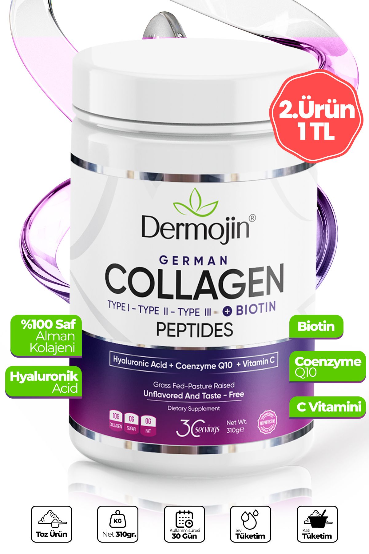 Dermojin %100 Saf Biotin,CQ10,Hyaluronic Acid,C Vitamini Diyet Destekli Toz 30 Günlük Alman Kolajeni