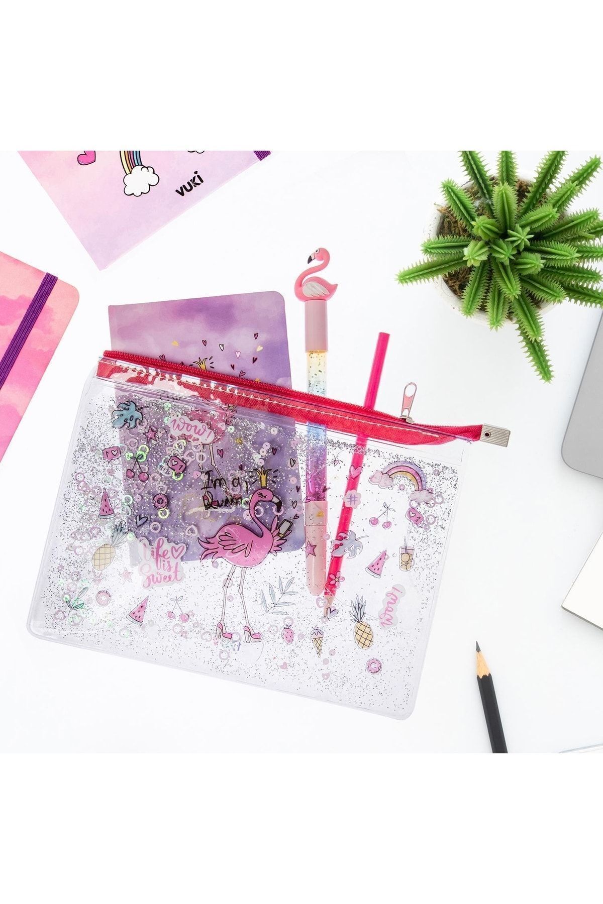 VUKİ-Flamingo Glitter and Watery Zipper Transparent A5 File 5