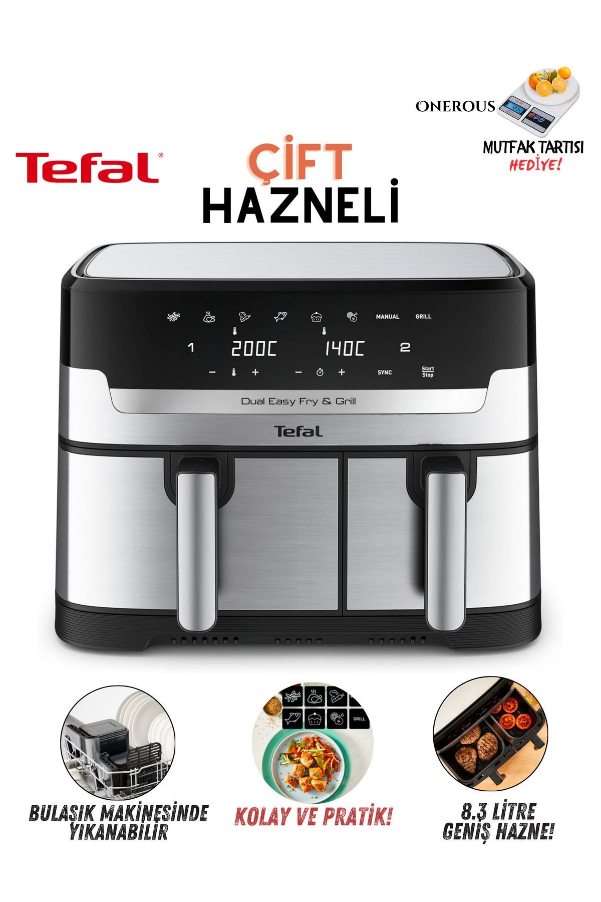 TEFAL Çift Hazne 8,3lt Kapasite Easy Fry & Grill Premium Yağsız Fritöz