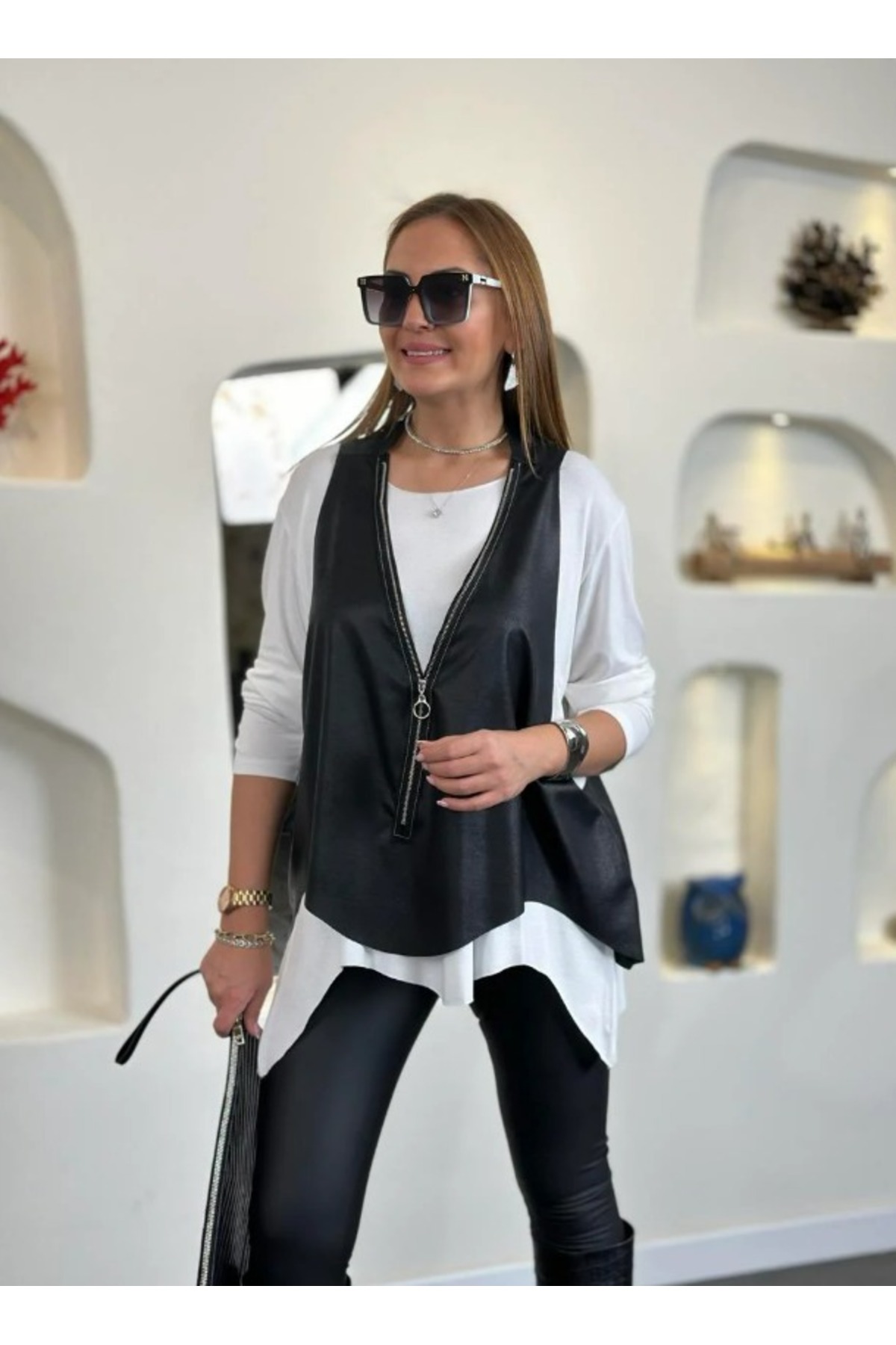 Kokosh moda Kadın Asimetrik Kesim Deri Yelekli Uzun Kollu İkili Bluz görsel 5