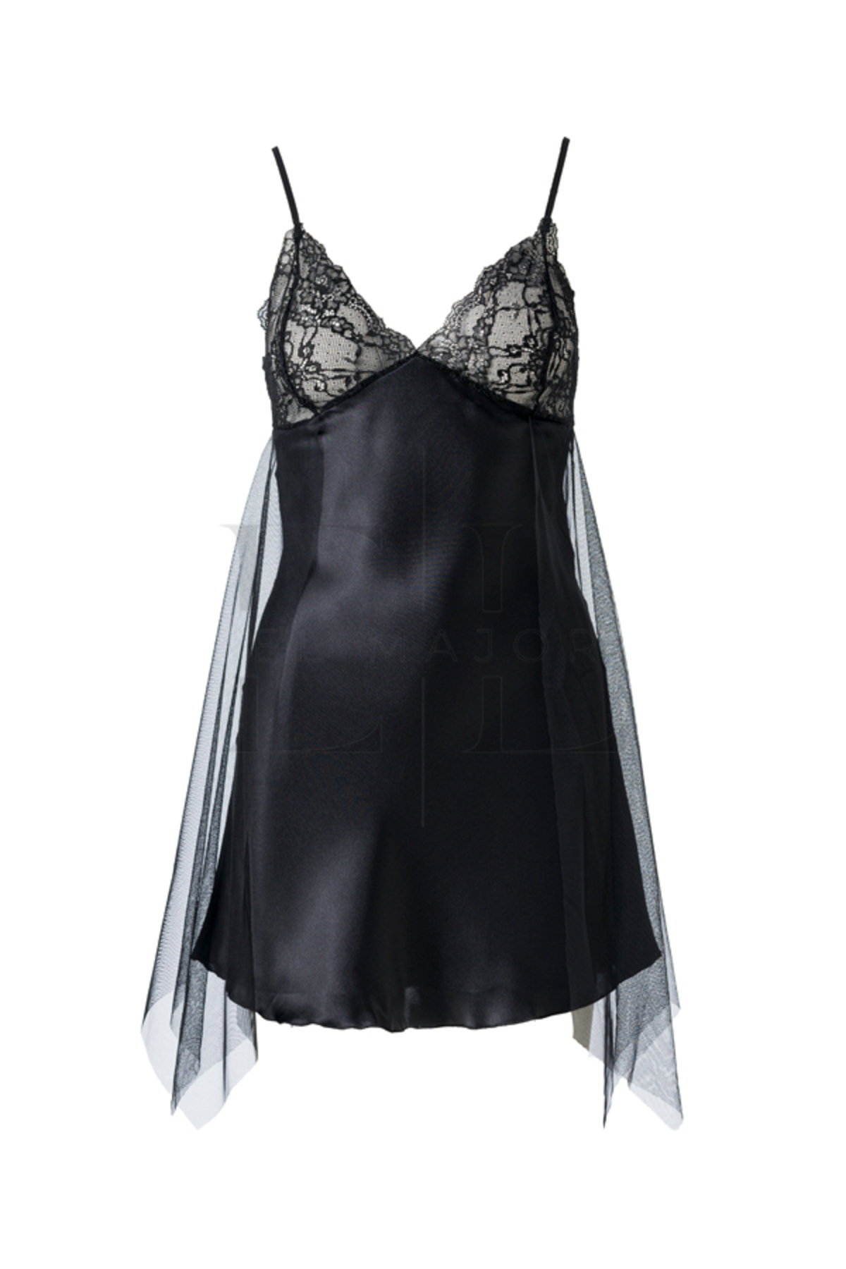 El Major Siyah Saten Ve Tül Detaylı Gecelik Dantel Yaka, Ayarlanabilir Askılı