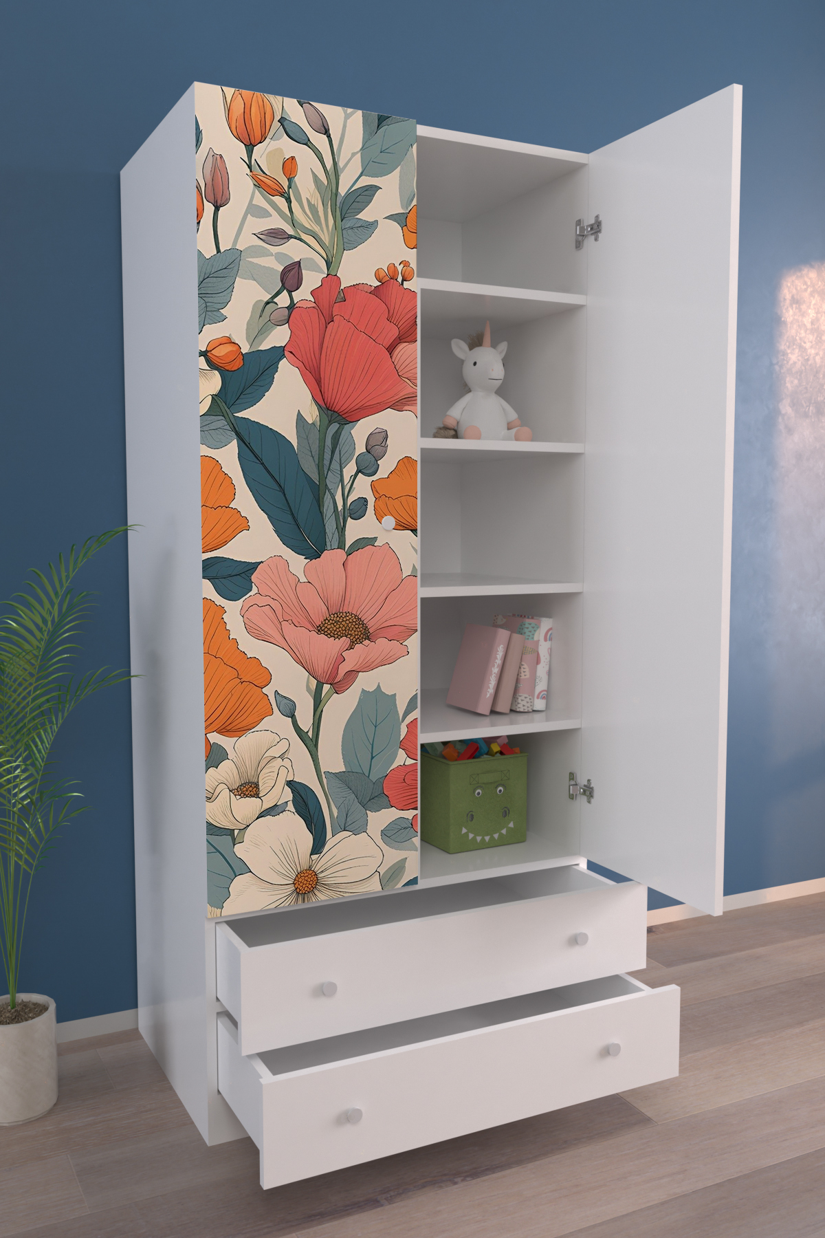 Hediyeler Kapında Çocuk Odası 2 Kapaklı Flower Burst Gardırop 5 Raflı 2 Çekmeceli Askılı Elbise Dolabı fotoğrafı 2 (önizleme)