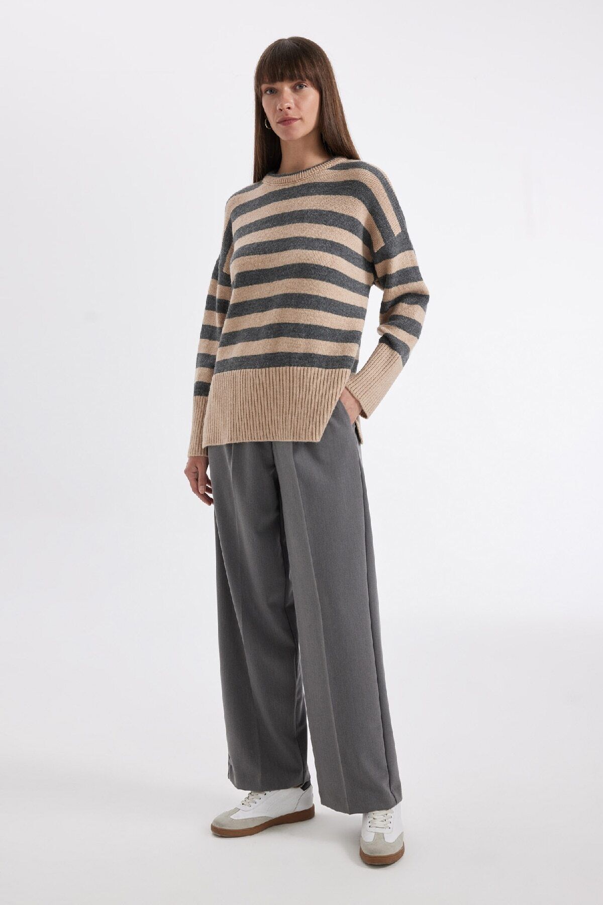 DeFacto-Crew Neck Slit Striped Oversize kötöttáru pulóver - C9054ax24wn 2