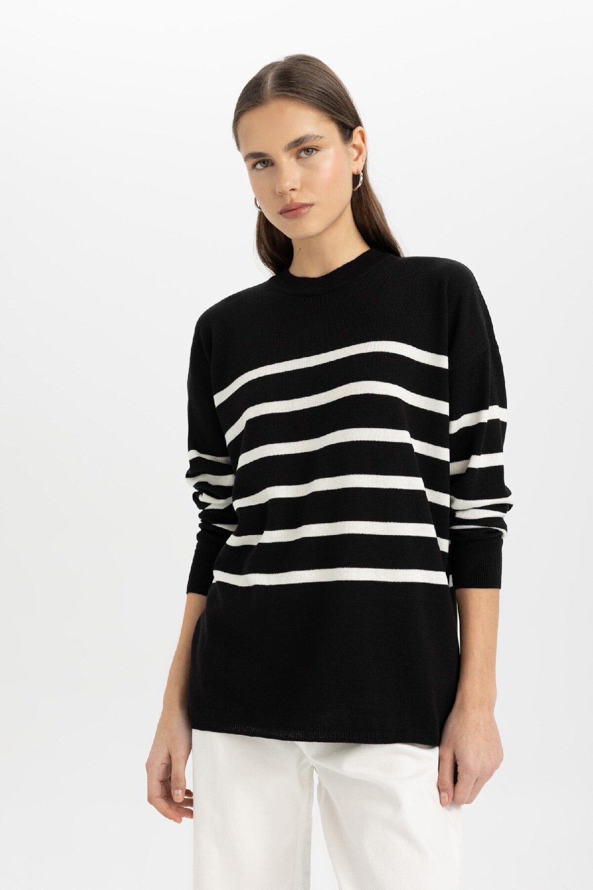 DeFacto-Relaxed Fit Soft Striped Crew Neck Tunic Sweater - S7517Az24Wn 4