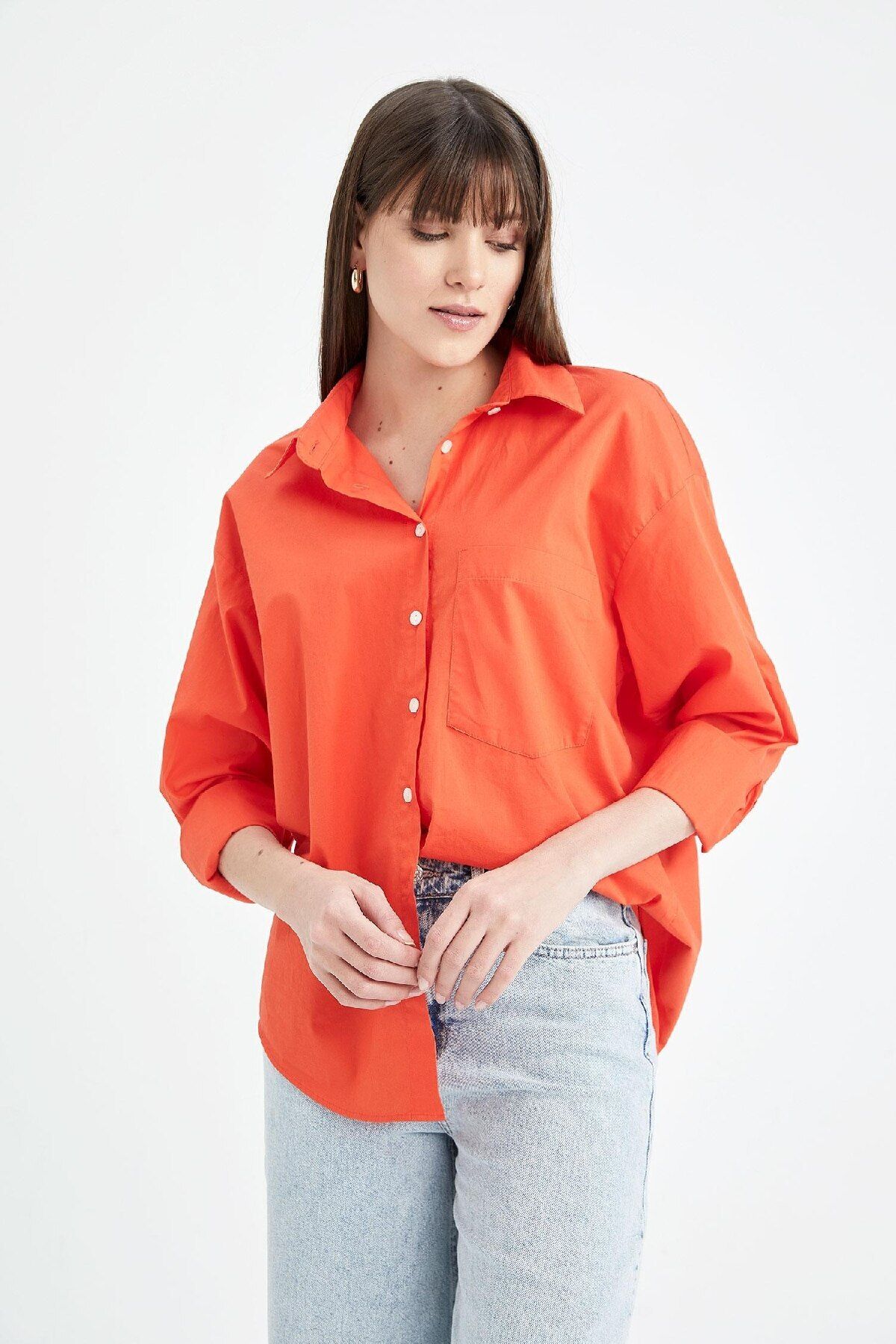 DeFacto-Oversize Wide Fit Poplin Basic tömör hosszú ujjú 100% pamut ing V3984az23sp 5