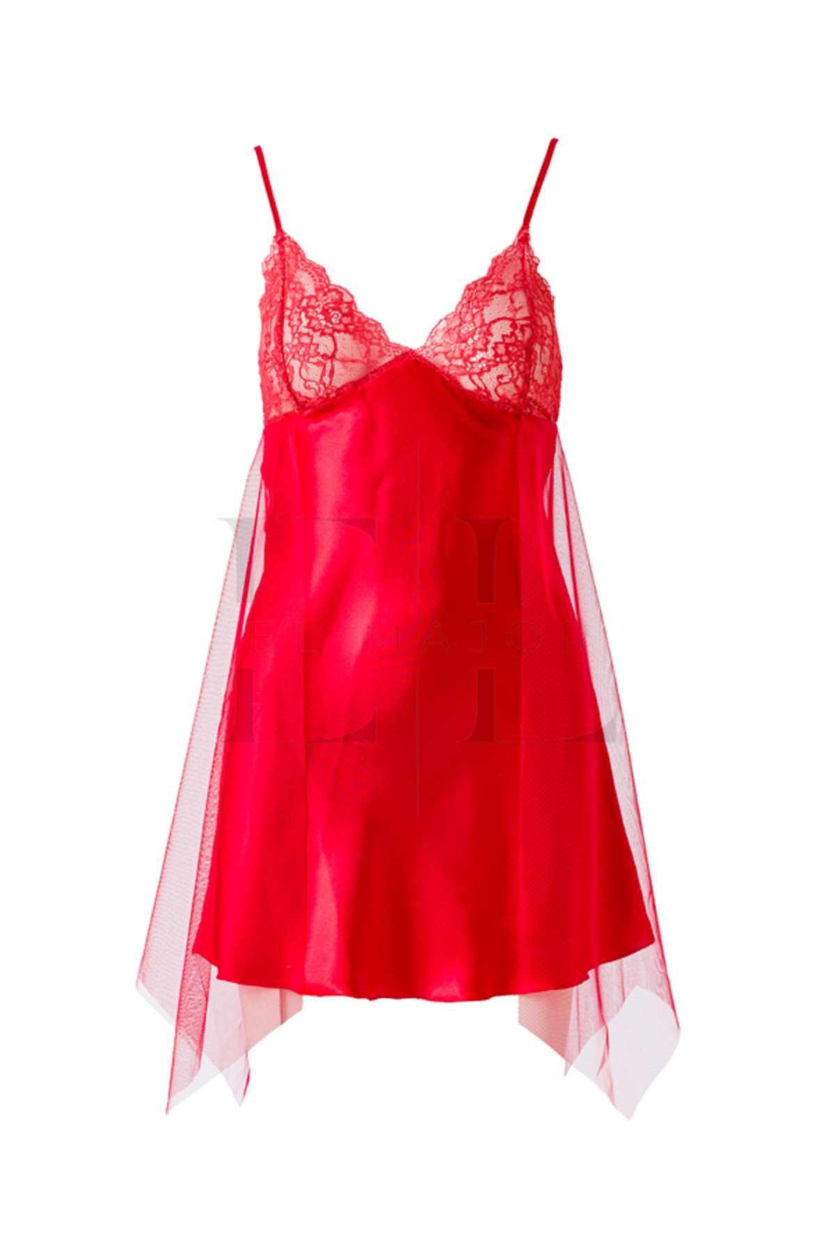 El Major Kırmızı Saten Ve Tül Detaylı Gecelik Dantel Yaka, Ayarlanabilir Askılı