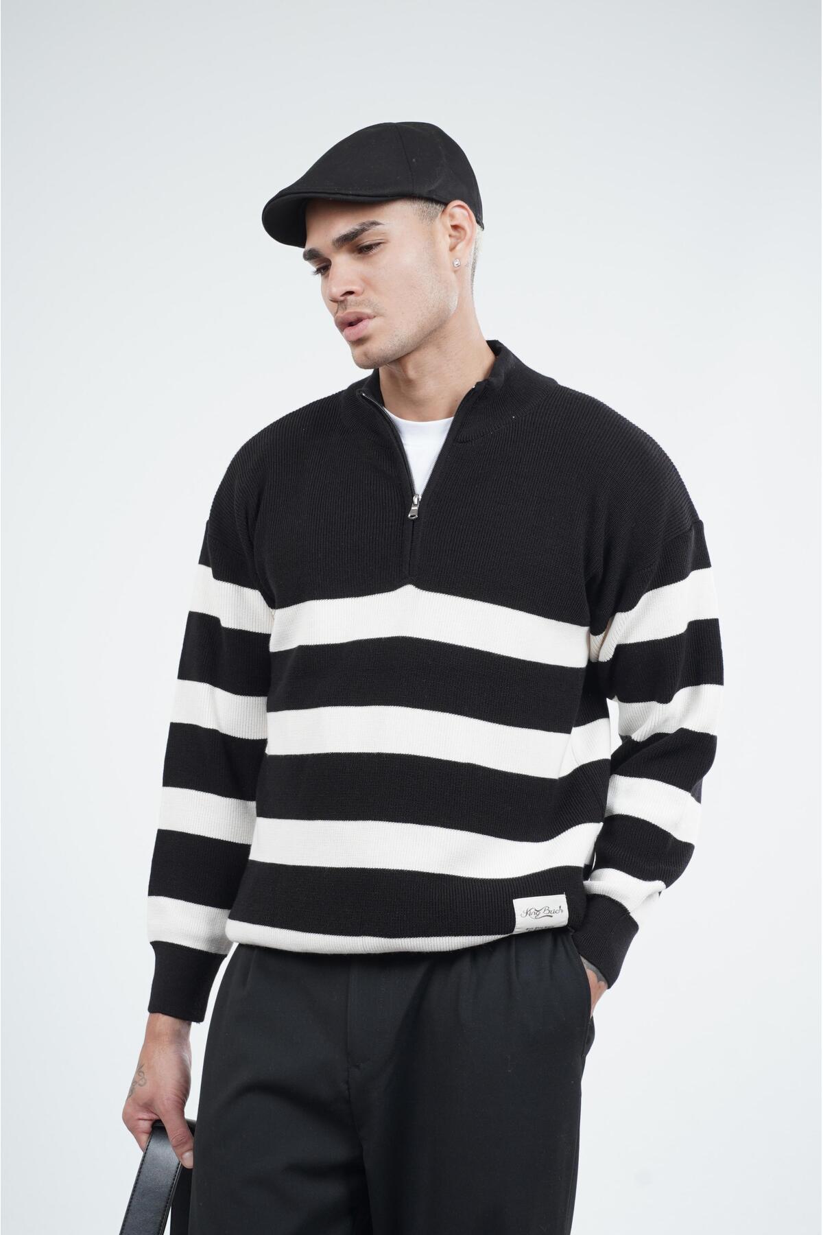 Butik TREND BİZ Yarım Fermuarlı Dik Yaka Çizgili Oversize Kalıp Triko Kazak görsel 2