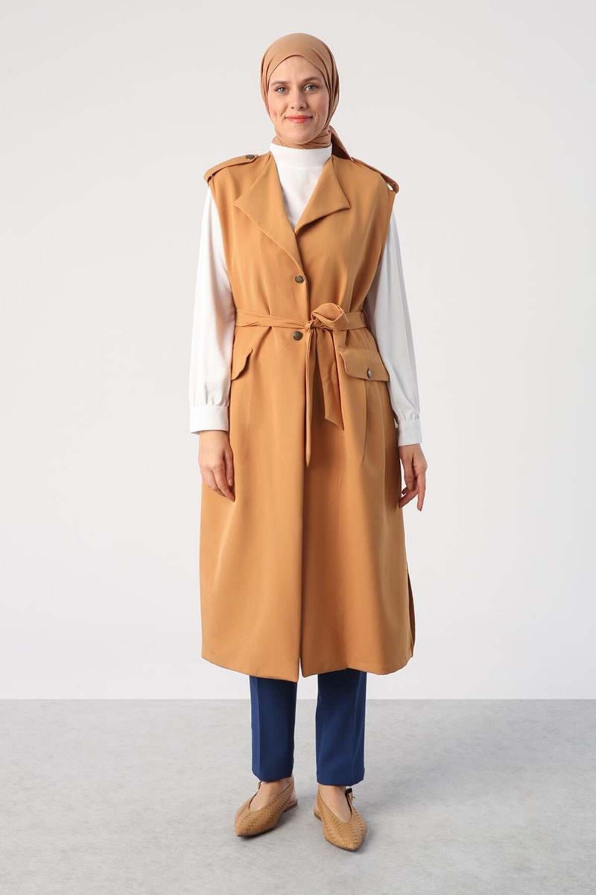 ALLDAY-Mustard-Shoulder Epaulettes Belted Pocket Vest 2