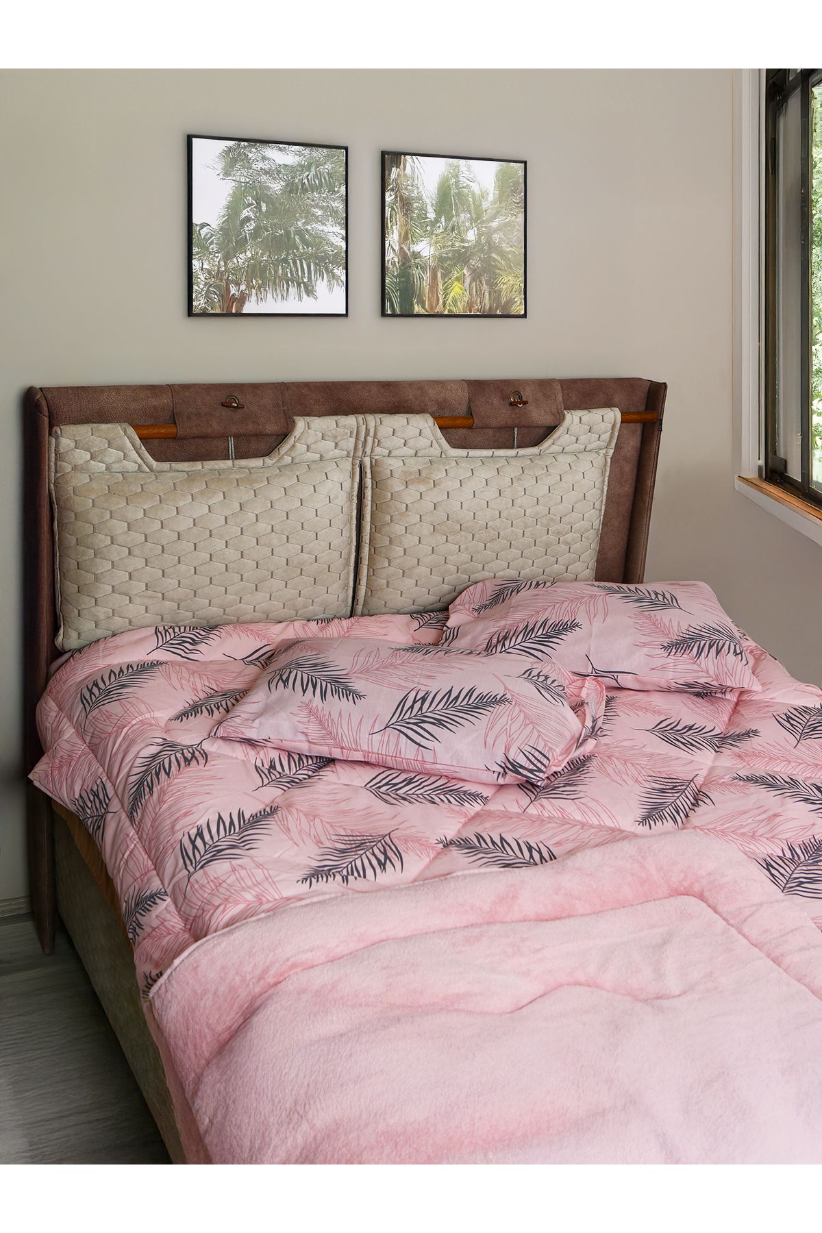 ensemble de doudou double welsoft à motifs de feuilles roses avec couverture doudou et taie doreiller