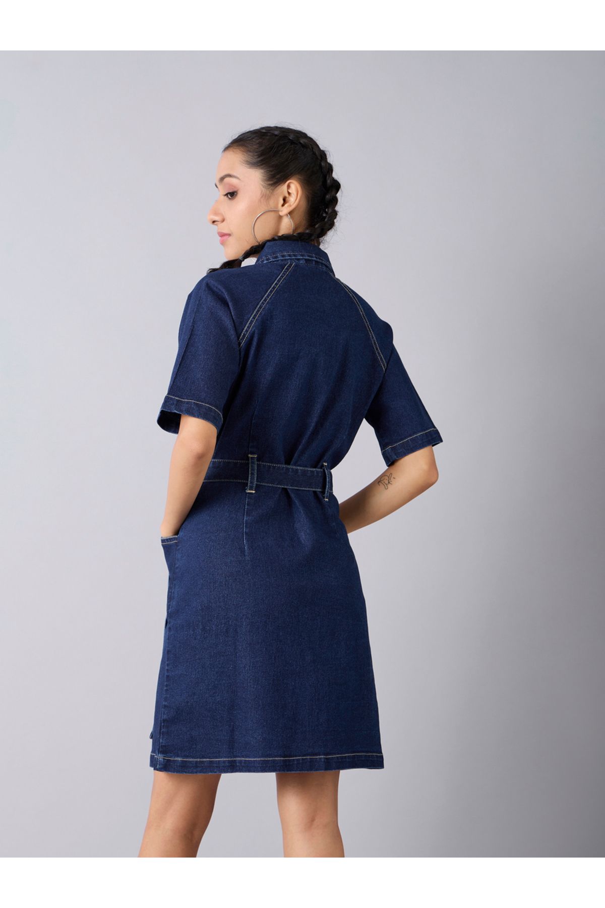 NOH-VOH By Styli-Acid Wash Denim Collared Shirt Dress with Tie Up Belt 5