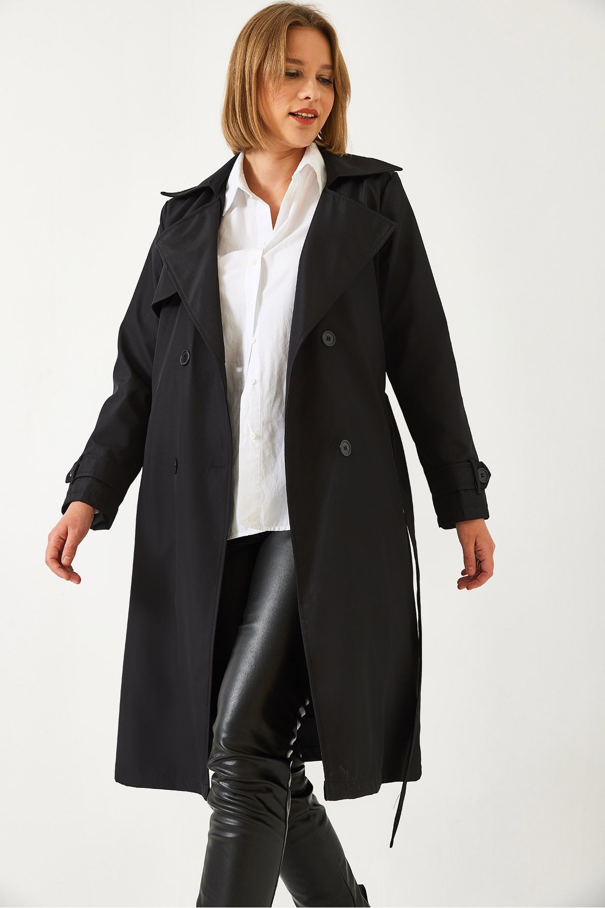 Bianco Lucci-Women's Double Breasted Neckline Belted Trench Coat with Pockets 5918 60261067 4