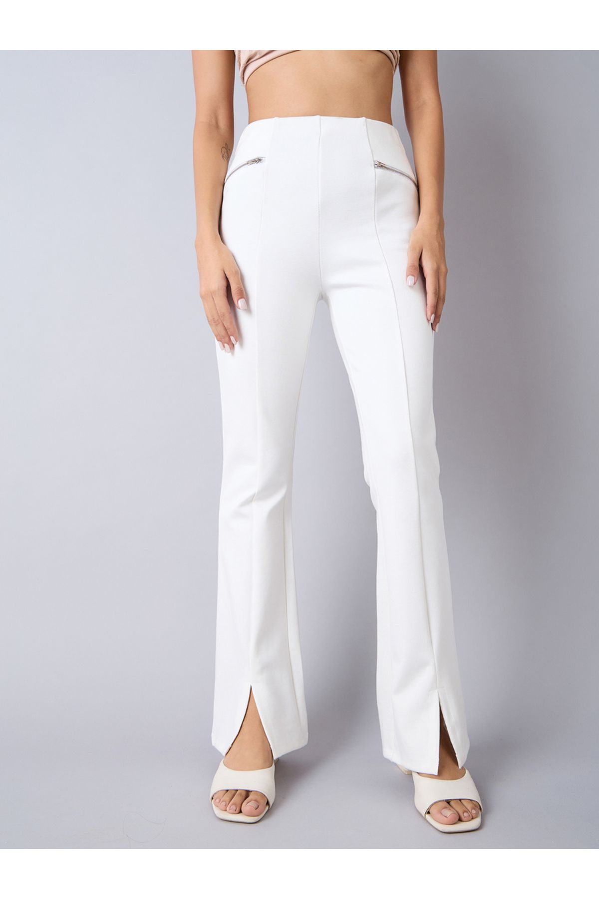 NOH-VOH By Styli-Front Slit Flared Pants with Zipper Detail 1