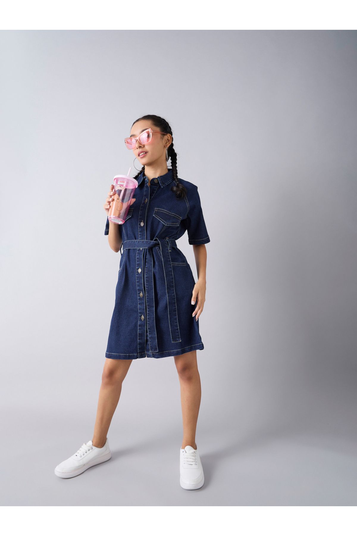 NOH-VOH By Styli-Acid Wash Denim Collared Shirt Dress with Tie Up Belt 4