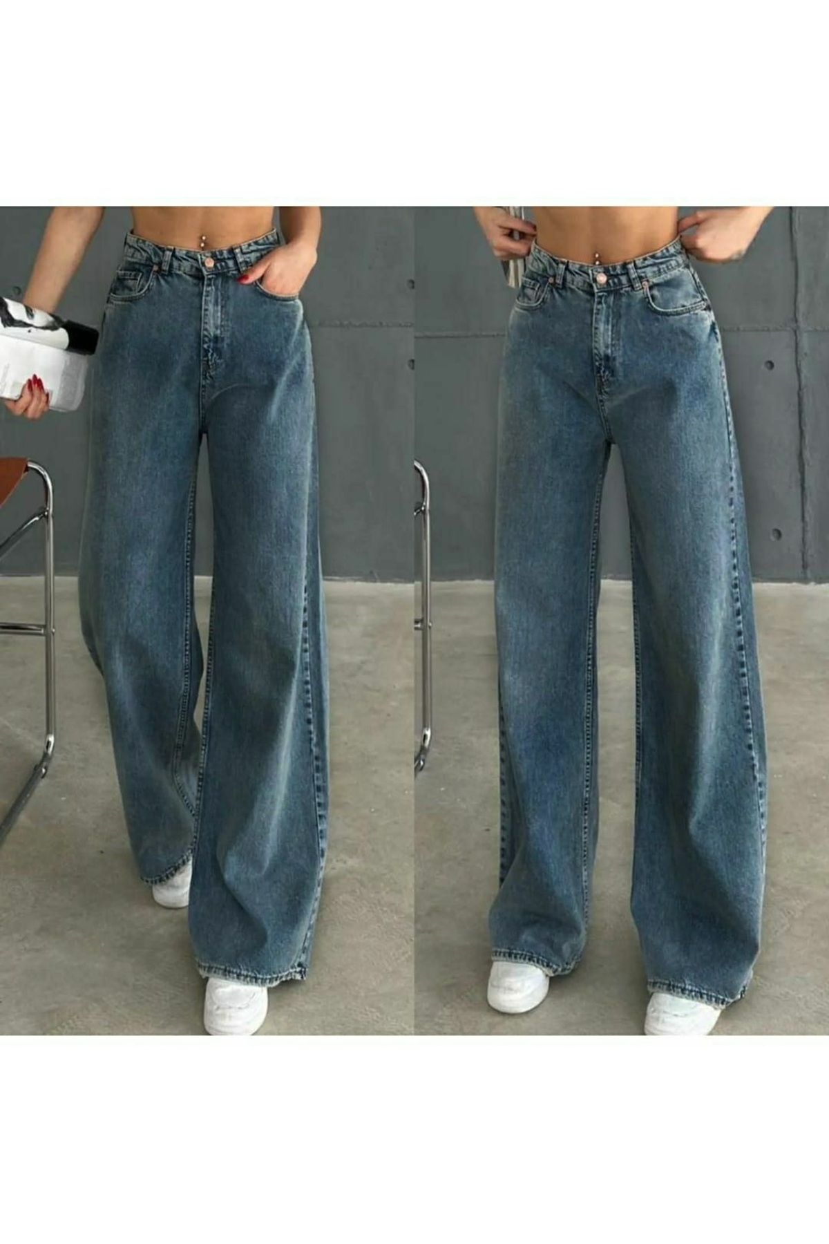 LİMABEL-Maybach Mid Blue Snow Loose Super High Waist Wide Leg Jeans 5