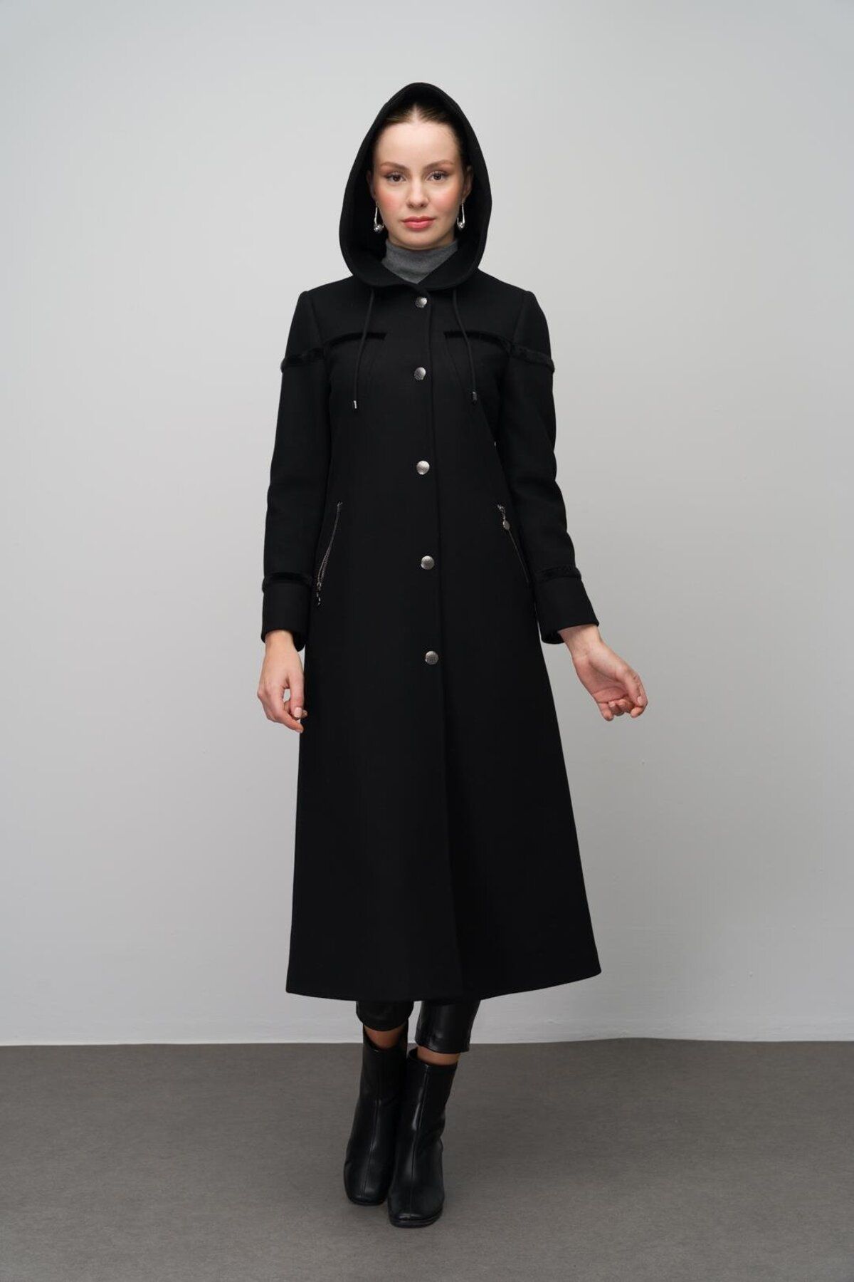 Olcay-Black Wool Blended Hooded Long Cap - Snap Closure 6631 5