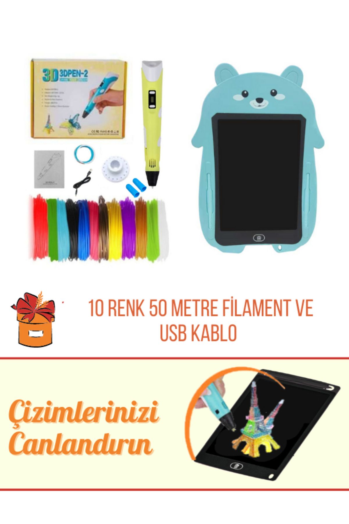 SolinpaTech 3d Kalem 3d Pen Üç Boyutlu Yazıcı Kalem Ve Grafik Yazı Tableti Sarı (50 METRE FİLAMENT VE USB KABLO)