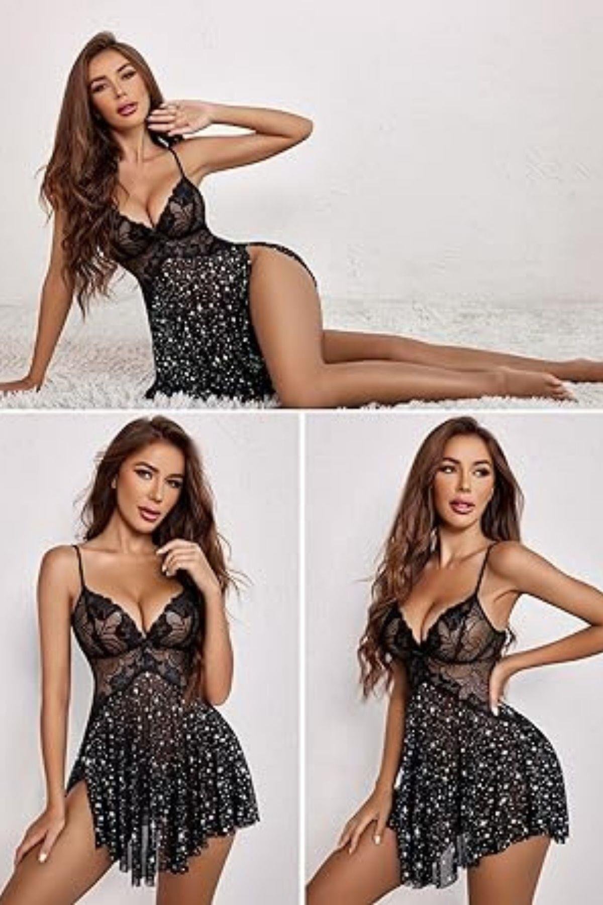 NEEWSTORE Siyah Yıldızlı Likralı Transparan Tül Gecelik görsel 2