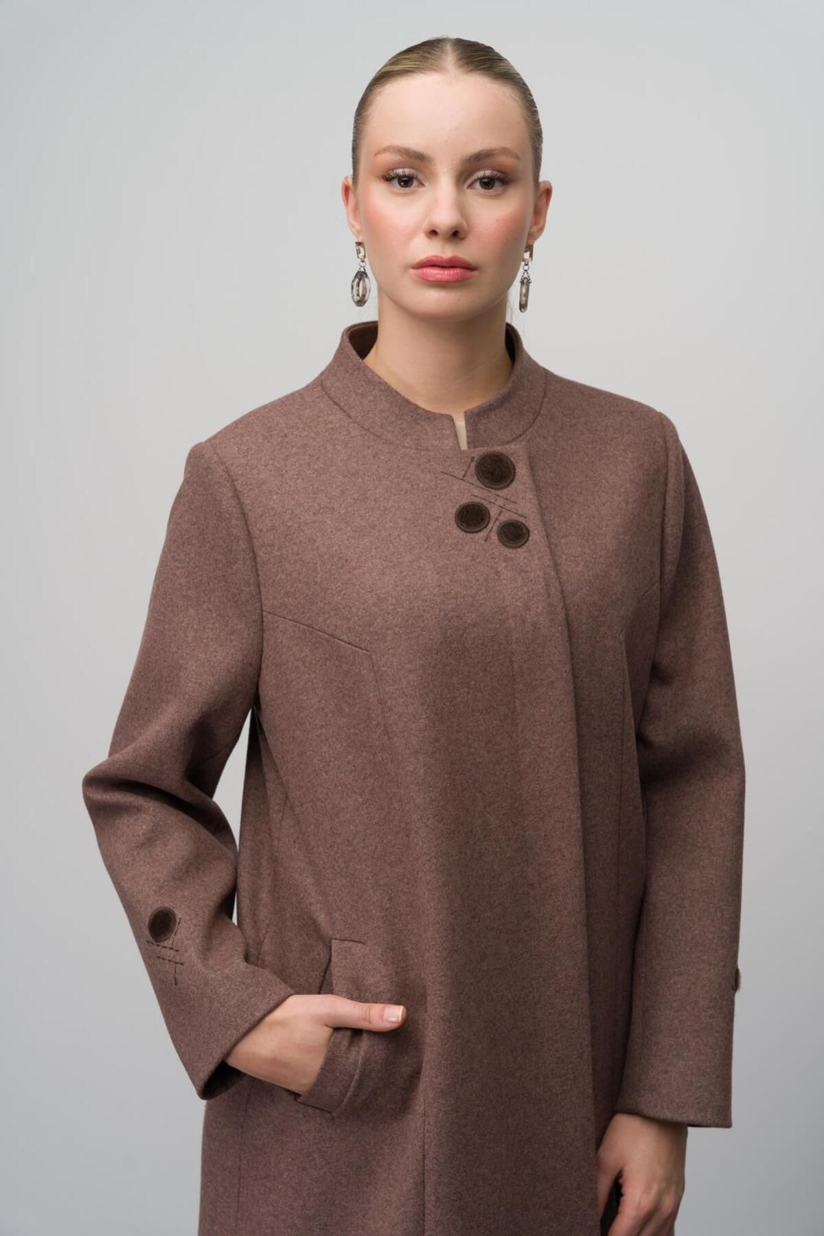 Olcay-Wool Blended Top Coat with Large Size Prevailing Collar and Embroidery Detail - Melange Brown 6632 2